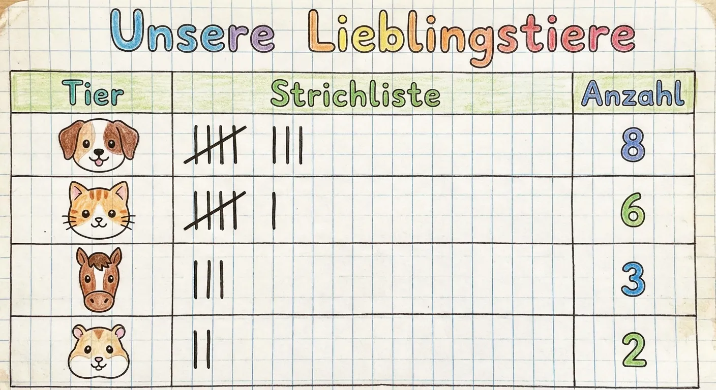 Erstelle ein Bild einer bunten, kindgerechten Strichliste auf kariertem Papier.

**Aufbau der Tabelle (4 Zeilen, 3 Spalten):**

Zeile 1: Links ein kleines gezeichnetes Hundegesicht (süß, Cartoon-Stil). In der Mitte die Strichliste: 4 senkrechte Striche mit einem Querstrich durch alle vier, plus 3 weitere einzelne Striche daneben. Rechts die Zahl 8.

Zeile 2: Links ein kleines gezeichnetes Katzengesicht (süß, Cartoon-Stil). In der Mitte: 4 senkrechte Striche mit Querstrich, plus 1 einzelner Strich daneben. Rechts die Zahl 6.

Zeile 3: Links ein kleines gezeichnetes Pferdegesicht (süß, Cartoon-Stil). In der Mitte: 3 einzelne senkrechte Striche. Rechts die Zahl 3.

Zeile 4: Links ein kleines gezeichnetes Hamstergesicht (süß, Cartoon-Stil). In der Mitte: 2 einzelne senkrechte Striche. Rechts die Zahl 2.

Überschrift oben: „Unsere Lieblingstiere“

Spaltenüberschriften: „Tier“, „Strichliste“, „Anzahl“

Stil: Bunt, freundlich, handgezeichnet auf kariertem Hintergrund. Die Tiersymbole sind kleine, niedliche Cartoon-Zeichnungen. Alles klar lesbar für Grundschüler.