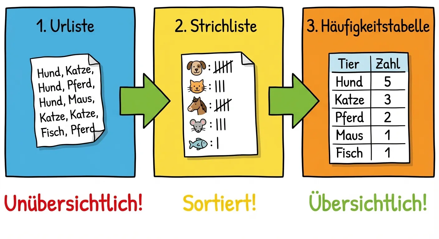 Erstelle ein Bild, das den Ablauf in drei Schritten zeigt, von links nach rechts mit Pfeilen.

**Schritt 1 (links):**
Überschrift: „1. Urliste“
Darunter: Ein kleines Blatt mit wirr durcheinander geschriebenen Wörtern (Hund, Katze, Hund, Pferd...)
Darunter in rot: „Unübersichtlich!“

**Schritt 2 (Mitte):**
Überschrift: „2. Strichliste“
Darunter: Ein kleines Blatt mit einer Strichliste (Tiersymbole links, Striche in der Mitte)
Darunter in gelb: „Sortiert!“

**Schritt 3 (rechts):**
Überschrift: „3. Häufigkeitstabelle“
Darunter: Ein kleines Blatt mit Tabelle (Tier + Zahl)
Darunter in grün: „Übersichtlich!“

**Zwischen den Schritten:** Große grüne Pfeile von links nach rechts

**Gestaltung:**
- Drei Kästen/Bereiche nebeneinander
- Freundliche, bunte Farben
- Kindgerechter Stil
- Klar lesbare Überschriften und Beschriftungen