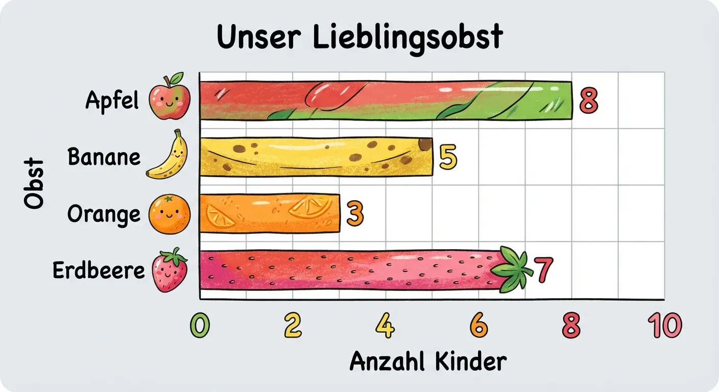 Erstelle ein kindgerechtes, farbenfrohes Balkendiagramm.

**Thema:** „Unser Lieblingsobst“ (als Überschrift oben)

**Achsen:**
- Senkrechte Achse (links): Beschriftung „Obst“ mit 4 Kategorien von oben nach unten: Apfel, Banane, Orange, Erdbeere
- Waagerechte Achse (unten): Beschriftung „Anzahl Kinder“ mit Skala von 0 bis 10 (in 2er-Schritten: 0, 2, 4, 6, 8, 10)

**Balken (von oben nach unten):**
- Apfel: Balken bis zur Länge 8, in rot-grüner Apfelfarbe
- Banane: Balken bis zur Länge 5, in gelber Farbe
- Orange: Balken bis zur Länge 3, in oranger Farbe
- Erdbeere: Balken bis zur Länge 7, in rot-rosa Farbe

**Gestaltung:**
- Balken liegen waagerecht (von links nach rechts)
- Links neben jedem Balken ein kleines Symbol des Obstes (Apfel-Icon, Bananen-Icon usw.)
- Klare Gitterlinien im Hintergrund
- Kindgerechter, freundlicher Stil
- Zahlen und Beschriftungen gut lesbar
- Weißer oder hellgrauer Hintergrund