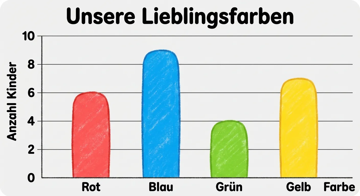 Erstelle ein kindgerechtes, farbenfrohes Säulendiagramm.

**Thema:** „Unsere Lieblingsfarben“ (als Überschrift oben)

**Achsen:**
- Waagerechte Achse (unten): Beschriftung „Farbe“ mit 4 Kategorien: Rot, Blau, Grün, Gelb
- Senkrechte Achse (links): Beschriftung „Anzahl Kinder“ mit Skala von 0 bis 10 (in 2er-Schritten: 0, 2, 4, 6, 8, 10)

**Säulen (von links nach rechts):**
- Rot: Säule bis zur Höhe 6, in roter Farbe
- Blau: Säule bis zur Höhe 9, in blauer Farbe
- Grün: Säule bis zur Höhe 4, in grüner Farbe
- Gelb: Säule bis zur Höhe 7, in gelber Farbe

**Gestaltung:**
- Säulen sind breit und klar sichtbar
- Jede Säule hat ihre entsprechende Farbe
- Klare Gitterlinien im Hintergrund
- Kindgerechter, freundlicher Stil
- Zahlen und Beschriftungen gut lesbar
- Weißer oder hellgrauer Hintergrund