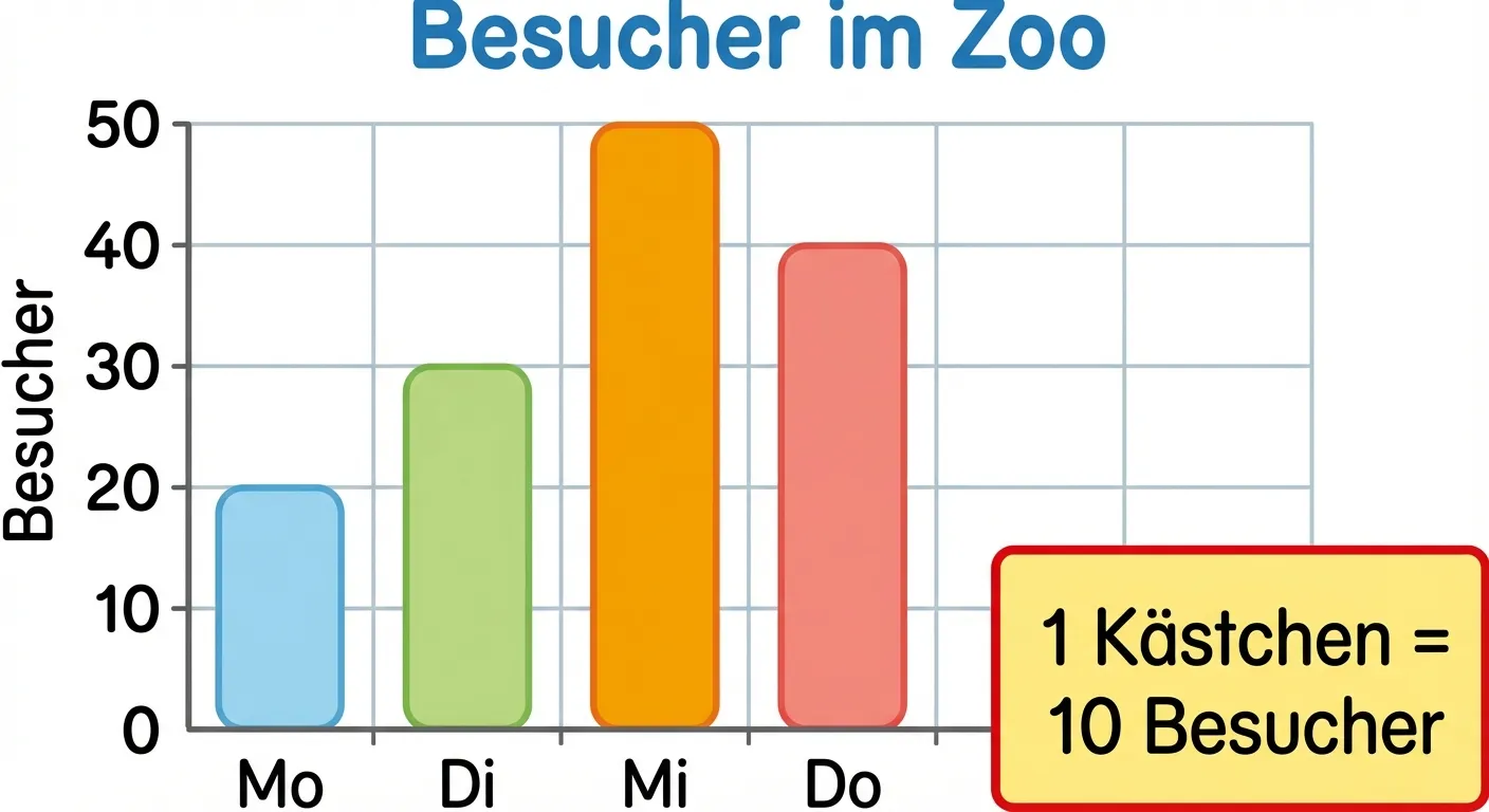 Erstelle ein Säulendiagramm, das zeigt, wie man mit einer anderen Skala umgeht.

**Thema:** „Besucher im Zoo“ (als Überschrift)

**Achsen:**
- Waagerechte Achse (unten): Wochentage „Mo“, „Di“, „Mi“, „Do“
- Senkrechte Achse (links): Beschriftung „Besucher“ mit Skala 0, 10, 20, 30, 40, 50

**Säulen:**
- Montag: Höhe 20 (hellblau)
- Dienstag: Höhe 30 (hellgrün)
- Mittwoch: Höhe 50 (orange)
- Donnerstag: Höhe 40 (hellrot)

**Wichtiges Detail:**
- Ein Hinweiskasten unten rechts: „1 Kästchen = 10 Besucher“
- Dieser Kasten ist gelb hinterlegt und hat einen roten Rahmen

**Gestaltung:**
- Klare Gitterlinien mit 10er-Abständen
- Zahlen gut lesbar
- Kindgerechter Stil
- Der Hinweiskasten ist deutlich sichtbar