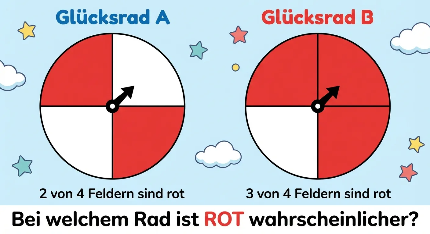 Erstelle ein Bild mit zwei Glücksrädern nebeneinander.

**Glücksrad 1 (links):**
- Überschrift: „Glücksrad A“
- Ein Kreis, der in 4 GLEICH GROSSE Teile geteilt ist (wie eine Pizza in 4 Stücke)
- 2 Teile sind ROT, 2 Teile sind WEISS
- Die roten und weißen Teile wechseln sich ab
- In der Mitte ein kleiner schwarzer Pfeil/Zeiger
- Darunter Text: „2 von 4 Feldern sind rot“

**Glücksrad 2 (rechts):**
- Überschrift: „Glücksrad B“
- Ein Kreis, der in 4 GLEICH GROSSE Teile geteilt ist
- 3 Teile sind ROT, 1 Teil ist WEISS
- In der Mitte ein kleiner schwarzer Pfeil/Zeiger
- Darunter Text: „3 von 4 Feldern sind rot“

**Frage am unteren Rand:**
„Bei welchem Rad ist ROT wahrscheinlicher?“

**Gestaltung:**
- Beide Räder sind gleich groß
- Klare, saubere Unterteilungen
- Kindgerechter, farbenfroher Stil
- Die Felder sind deutlich gefärbt