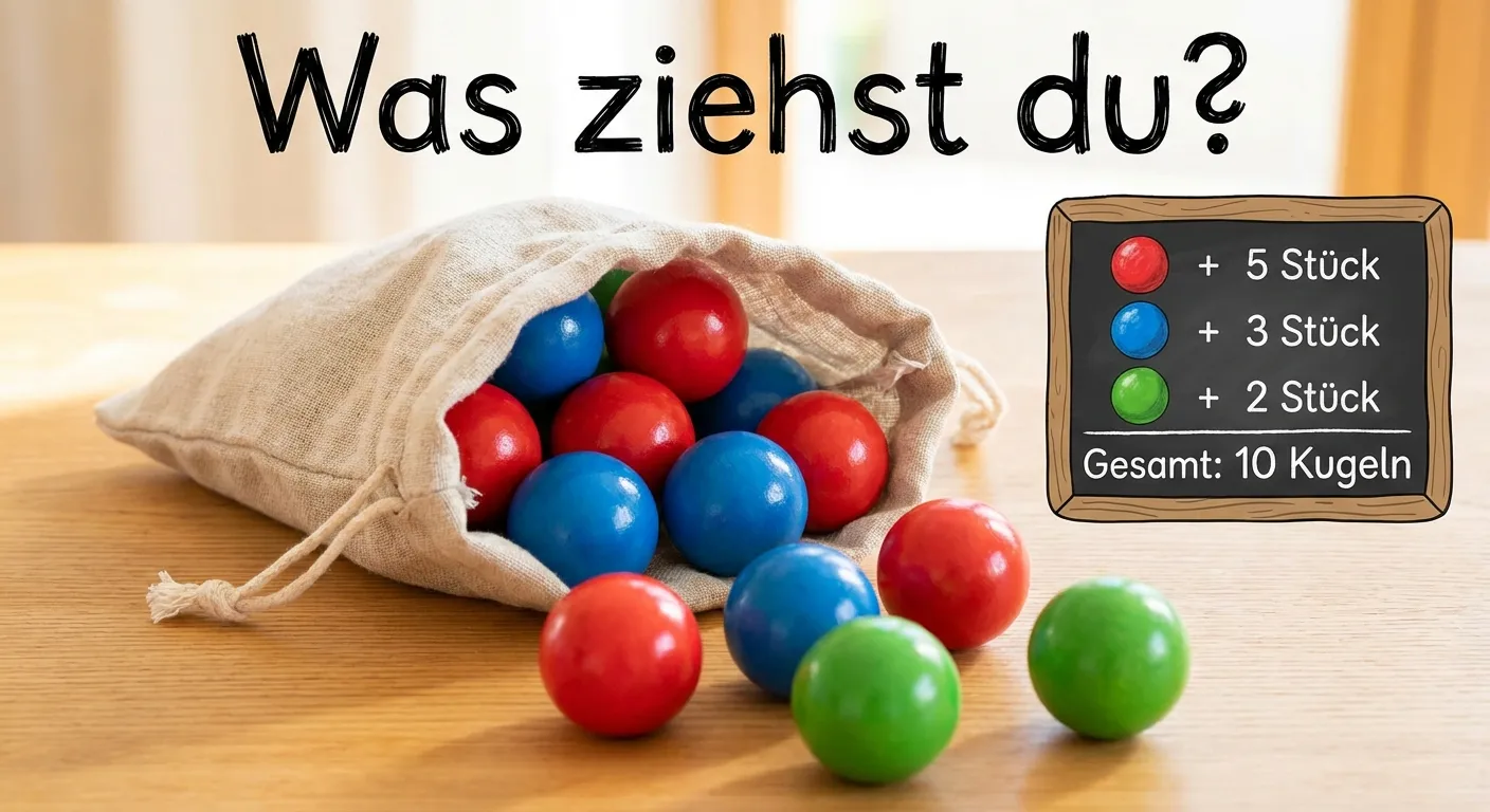 Erstelle ein Bild eines offenen Stoffbeutels mit bunten Kugeln.

**Aufbau:**
- Ein geöffneter Stoffbeutel (braun oder beige) in der Bildmitte
- Im Beutel und davor sichtbar: 10 bunte Kugeln
- Verteilung der Kugeln:
  - 5 ROTE Kugeln
  - 3 BLAUE Kugeln
  - 2 GRÜNE Kugeln

- Die Kugeln sind glänzend und rund
- Einige Kugeln schauen oben aus dem Beutel heraus
- Einige Kugeln liegen vor dem Beutel

**Beschriftung:**
- Rechts neben dem Bild eine kleine Legende:
  - Rote Kugel + „5 Stück“
  - Blaue Kugel + „3 Stück“
  - Grüne Kugel + „2 Stück“
  - Darunter: „Gesamt: 10 Kugeln“

**Gestaltung:**
- Helle, freundliche Farben
- Kindgerechter Stil
- Überschrift: „Was ziehst du?“