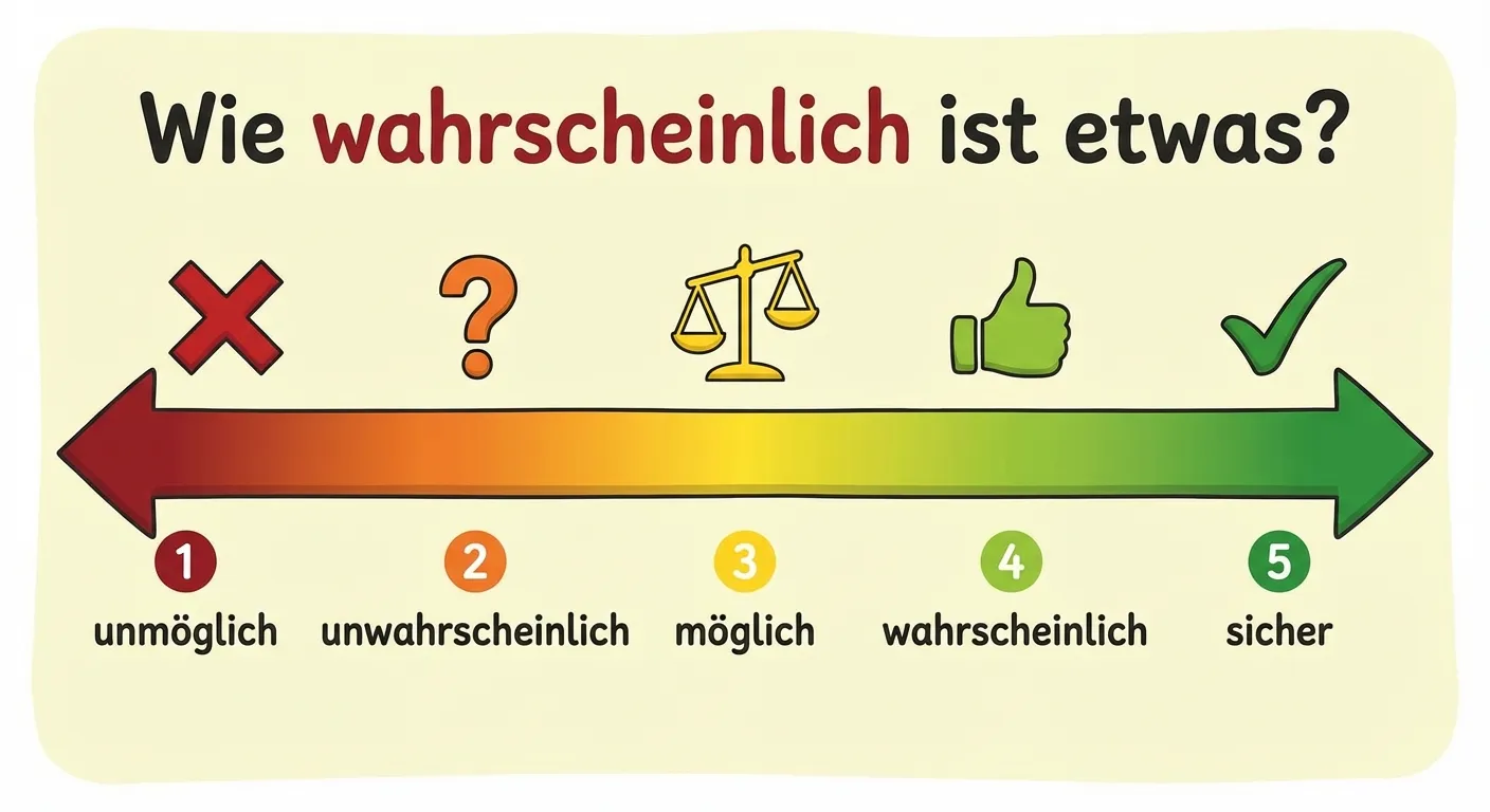 Erstelle ein Bild einer bunten Wahrscheinlichkeits-Skala als horizontaler Pfeil.

**Aufbau (von links nach rechts):**

Ein langer horizontaler Pfeil, der von links nach rechts verläuft. Der Pfeil ist farbig gefüllt mit einem Farbverlauf:
- Ganz links: Dunkelrot
- Links: Orange
- Mitte: Gelb
- Rechts: Hellgrün
- Ganz rechts: Dunkelgrün

**Beschriftung auf dem Pfeil (5 Positionen):**

Position 1 (ganz links, dunkelrot):
- Oben: Ein rotes X
- Unten: „unmöglich“

Position 2 (links, orange):
- Oben: Ein oranges Fragezeichen
- Unten: „unwahrscheinlich“

Position 3 (Mitte, gelb):
- Oben: Ein gelbes Gleichheitszeichen oder Waage-Symbol
- Unten: „möglich“

Position 4 (rechts, hellgrün):
- Oben: Ein grünes Daumen-hoch Symbol
- Unten: „wahrscheinlich“

Position 5 (ganz rechts, dunkelgrün):
- Oben: Ein grüner Haken (Checkmark)
- Unten: „sicher“

**Gestaltung:**
- Der Pfeil zeigt nach rechts
- Große, klar lesbare Wörter
- Symbole sind kindgerecht und einfach
- Überschrift: „Wie wahrscheinlich ist etwas?“
- Heller Hintergrund