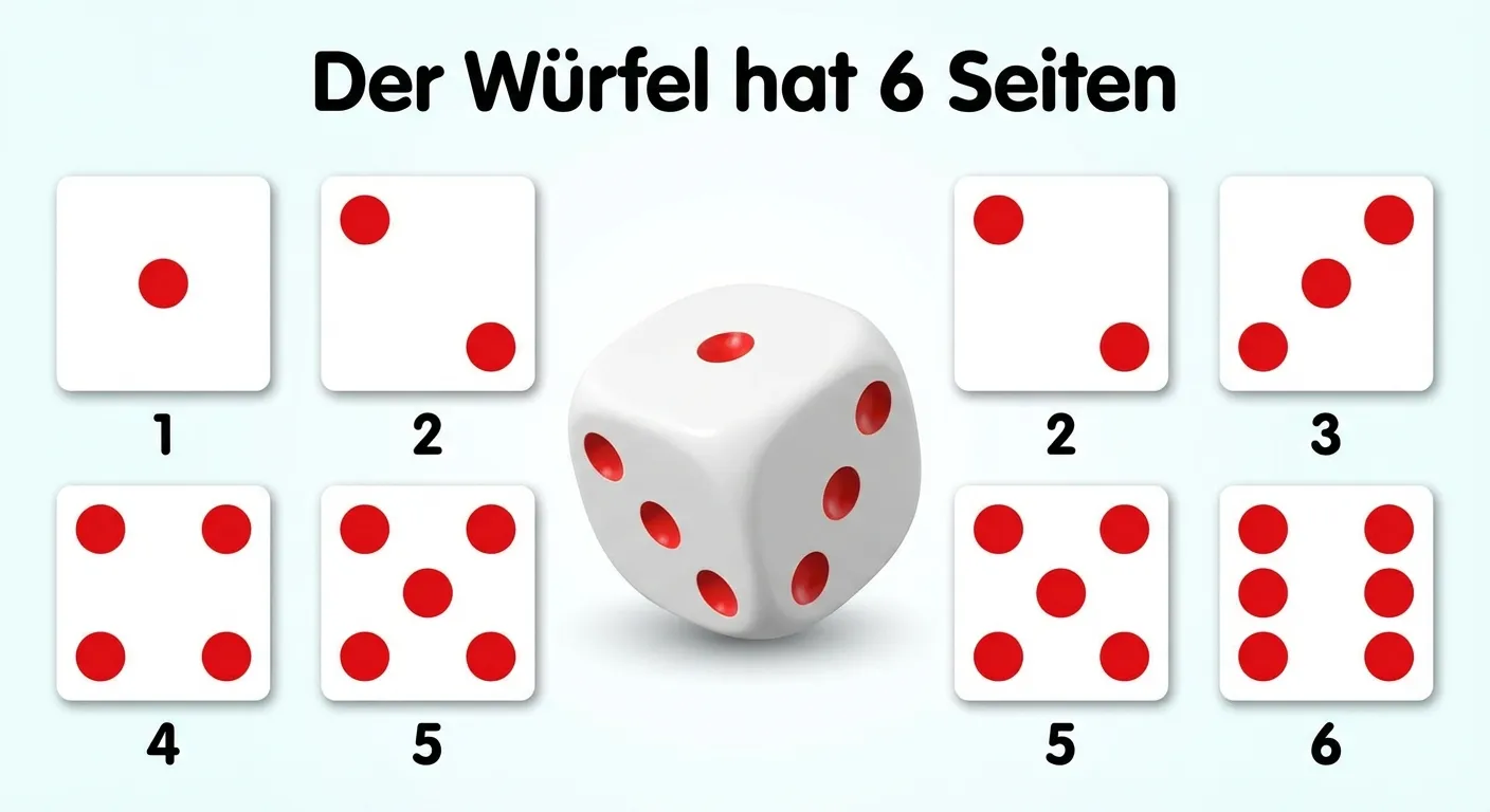 Erstelle ein Bild eines bunten Würfels, das alle 6 Seiten zeigt.

**Aufbau:**
- In der Mitte: Ein großer 3D-Würfel (leicht gekippt, so dass 3 Seiten sichtbar sind)
- Der Würfel hat rote Punkte auf weißem Grund (klassischer Spielwürfel)
- Die sichtbaren Seiten zeigen z.B. 1, 2 und 3 Punkte

- Um den Würfel herum: Alle 6 Würfelseiten einzeln als flache Quadrate:
  - Oben links: 1 Punkt
  - Oben mitte: 2 Punkte
  - Oben rechts: 3 Punkte
  - Unten links: 4 Punkte
  - Unten mitte: 5 Punkte
  - Unten rechts: 6 Punkte

**Gestaltung:**
- Jede Würfelseite ist weiß mit roten Punkten
- Die Punkte sind in der klassischen Würfel-Anordnung
- Unter jeder Seite steht die Zahl (1, 2, 3, 4, 5, 6)
- Heller, freundlicher Hintergrund
- Überschrift: „Der Würfel hat 6 Seiten“