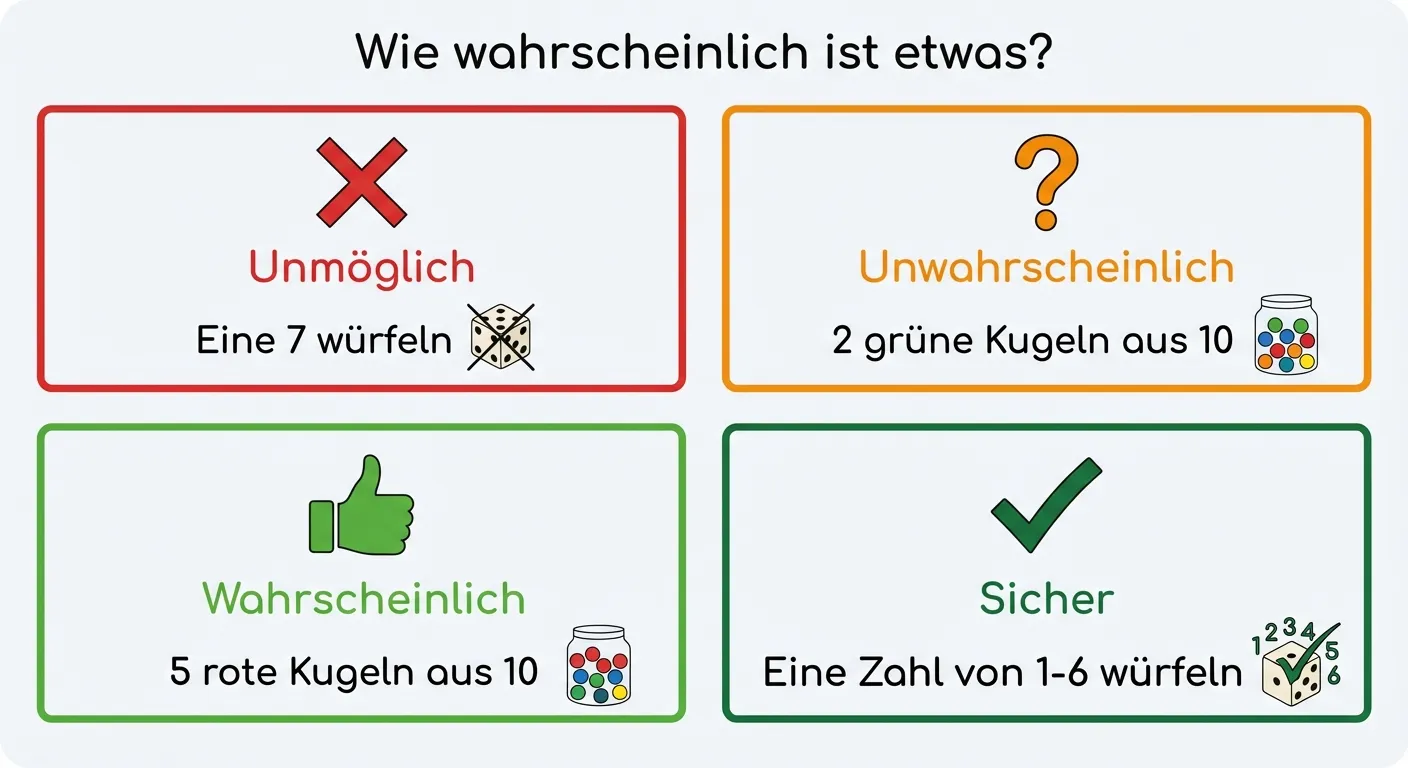 Erstelle ein übersichtliches Zusammenfassungsbild.

**Aufbau - 4 Kästen/Bereiche:**

**Kasten 1 (oben links, roter Rahmen):**
- Symbol: Rotes X
- Text: „Unmöglich“
- Beispiel: „Eine 7 würfeln“ (mit kleinem Würfelbild)

**Kasten 2 (oben rechts, oranger Rahmen):**
- Symbol: Oranges Fragezeichen
- Text: „Unwahrscheinlich“
- Beispiel: „2 grüne Kugeln aus 10“ (mit kleinem Kugelbild)

**Kasten 3 (unten links, grüner Rahmen):**
- Symbol: Grüner Daumen hoch
- Text: „Wahrscheinlich“
- Beispiel: „5 rote Kugeln aus 10“ (mit kleinem Kugelbild)

**Kasten 4 (unten rechts, dunkelgrüner Rahmen):**
- Symbol: Grüner Haken
- Text: „Sicher“
- Beispiel: „Eine Zahl von 1-6 würfeln“ (mit kleinem Würfelbild)

**Gestaltung:**
- 4 gleichgroße Kästen in einem 2×2 Raster
- Jeder Kasten hat einen farbigen Rahmen
- Überschrift: „Wie wahrscheinlich ist etwas?“
- Klare, kindgerechte Symbole
- Gut lesbare Texte