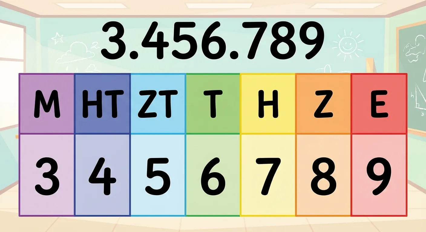 Erstelle eine übersichtliche Stellenwerttafel (place value chart).

**Aufbau:**
- Tabelle mit 7 Spalten
- Erste Zeile (Kopfzeile): Die Spaltenüberschriften von links nach rechts: M, HT, ZT, T, H, Z, E
- Zweite Zeile: Die Ziffern der Beispielzahl: 3, 4, 5, 6, 7, 8, 9
- Dritte Zeile: Über der gesamten Tabelle steht die Zahl: 3.456.789

**Gestaltung:**
- Jede Spalte in anderer heller Farbe (Lila, Dunkelblau, Hellblau, Grün, Gelb, Orange, Rot)
- Große, klar lesbare Buchstaben und Zahlen
- Saubere Tabellenlinien zwischen den Spalten
- Übersichtlicher, kinderfreundlicher Stil für 4. Klasse
- Heller Hintergrund