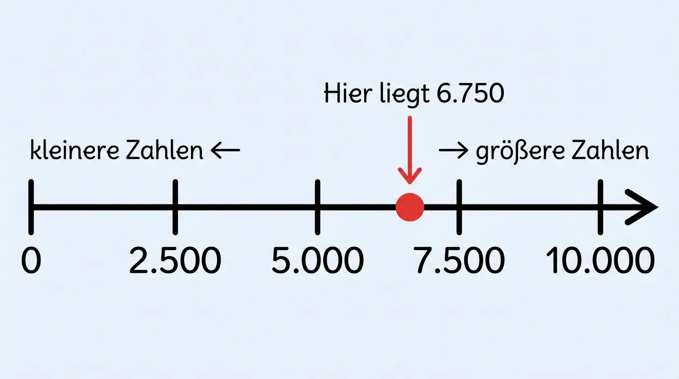 Erstelle einen horizontalen Zahlenstrahl (number line) von 0 bis 10.000.

**Aufbau:**
- Horizontale Linie mit Pfeil nach rechts am Ende
- Markierte Punkte bei: 0, 2.500, 5.000, 7.500, 10.000
- Jede Zahl klar lesbar unter dem Markierungsstrich
- Ein roter Punkt bei 6.750 mit einem Pfeil, der darauf zeigt
- Über dem roten Punkt steht: 
