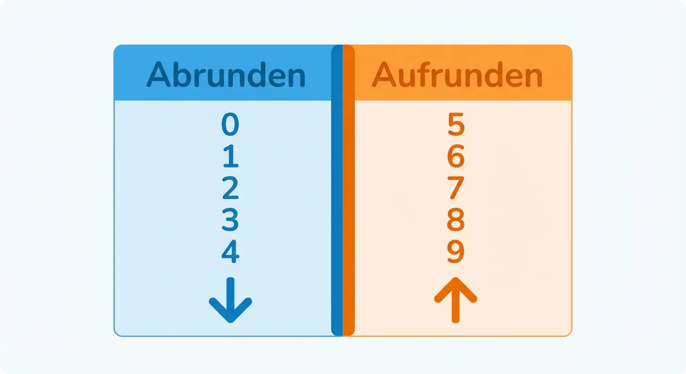 Erstelle ein Diagramm zur Rundungsregel.

**Aufbau:**
- Eine Waage oder geteiltes Rechteck mit zwei Hälften
- Linke Hälfte in Blau: Zeige die Ziffern 0, 1, 2, 3, 4 untereinander
- Rechte Hälfte in Orange: Zeige die Ziffern 5, 6, 7, 8, 9 untereinander
- Trennlinie in der Mitte

**Beschriftung:**
- Über der linken Hälfte: 