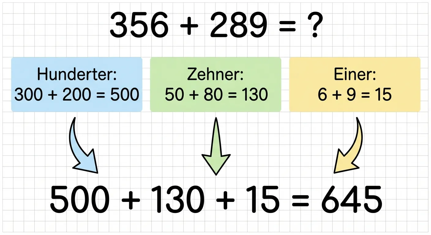 Zeige die stellenweise Addition von 356 + 289 in einem übersichtlichen Diagramm.

**Aufbau:**
- Oben: Die Aufgabe 