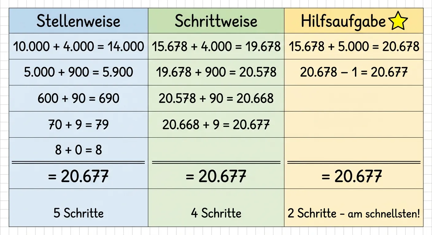 Erstelle eine übersichtliche Vergleichstabelle mit drei Lösungswegen für die Aufgabe 15.678 + 4.999.

**Aufbau - Drei Spalten nebeneinander:**

**Linke Spalte (hellblau):**
- Überschrift: 