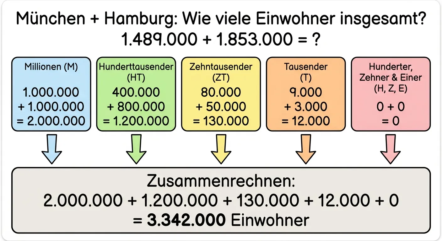 Zeige die stellenweise Addition von 1.489.000 + 1.853.000 in einem übersichtlichen, schrittweisen Diagramm.

**Aufbau von oben nach unten:**

- Überschrift: 