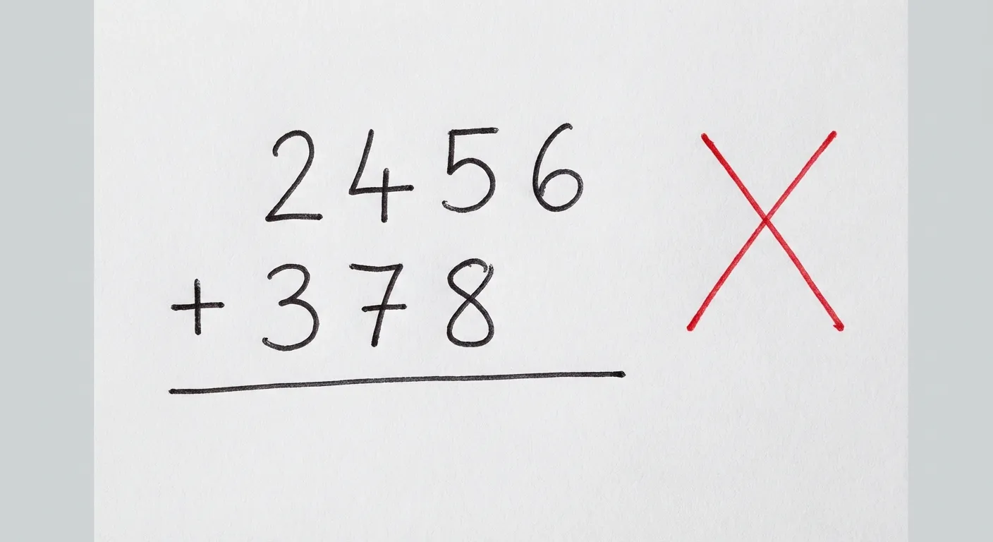 Erstelle ein fotorealistisches Bild einer handgezeichneten Rechentabelle auf weißem Papier. Das Bild ist eng auf das Rechengitter zugeschnitten - es sind nur das Gitter und die Zahlen zu sehen, keine Papierränder, keine Tischoberfläche, keine Umgebung. Der Hintergrund ist ein einfaches, helles Grau. Das Gitter füllt den Bildausschnitt. Die Handschrift ist gleichmäßig und ordentlich (wie von einem Erwachsenen geschrieben), mit schwarzer Tinte aus einem Kugelschreiber. Die Linien sind gerade, aber leicht unvollkommen und handgezeichnet (nicht mit Lineal).

Das Bild zeigt eine FALSCH ausgerichtete Addition ohne Gitter. Zeile 1: Die Zahl 