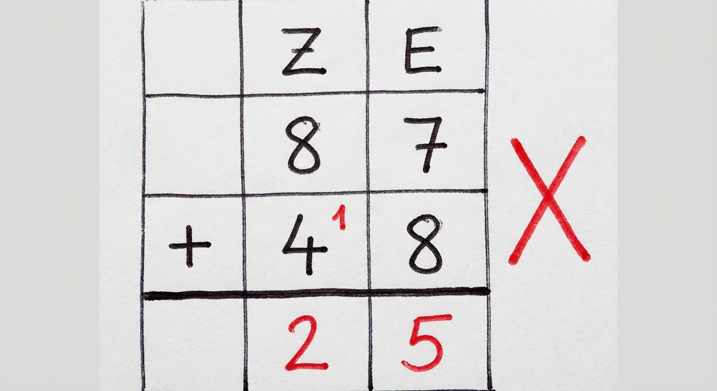 Erstelle ein fotorealistisches Bild einer handgezeichneten Rechentabelle auf weißem Papier. Das Bild ist eng auf das Rechengitter zugeschnitten - es sind nur das Gitter und die Zahlen zu sehen, keine Papierränder, keine Tischoberfläche, keine Umgebung. Der Hintergrund ist ein einfaches, helles Grau. Das Gitter füllt den Bildausschnitt. Die Handschrift ist gleichmäßig und ordentlich (wie von einem Erwachsenen geschrieben), mit schwarzer Tinte aus einem Kugelschreiber für die Aufgabe und roter Tinte für Überträge und Ergebnisse. Die Linien sind gerade, aber leicht unvollkommen und handgezeichnet (nicht mit Lineal).

Das Bild zeigt ein 4x3 Gitter (4 Zeilen, 3 Spalten). Zeile 1 (Kopfzeile): Leer, 