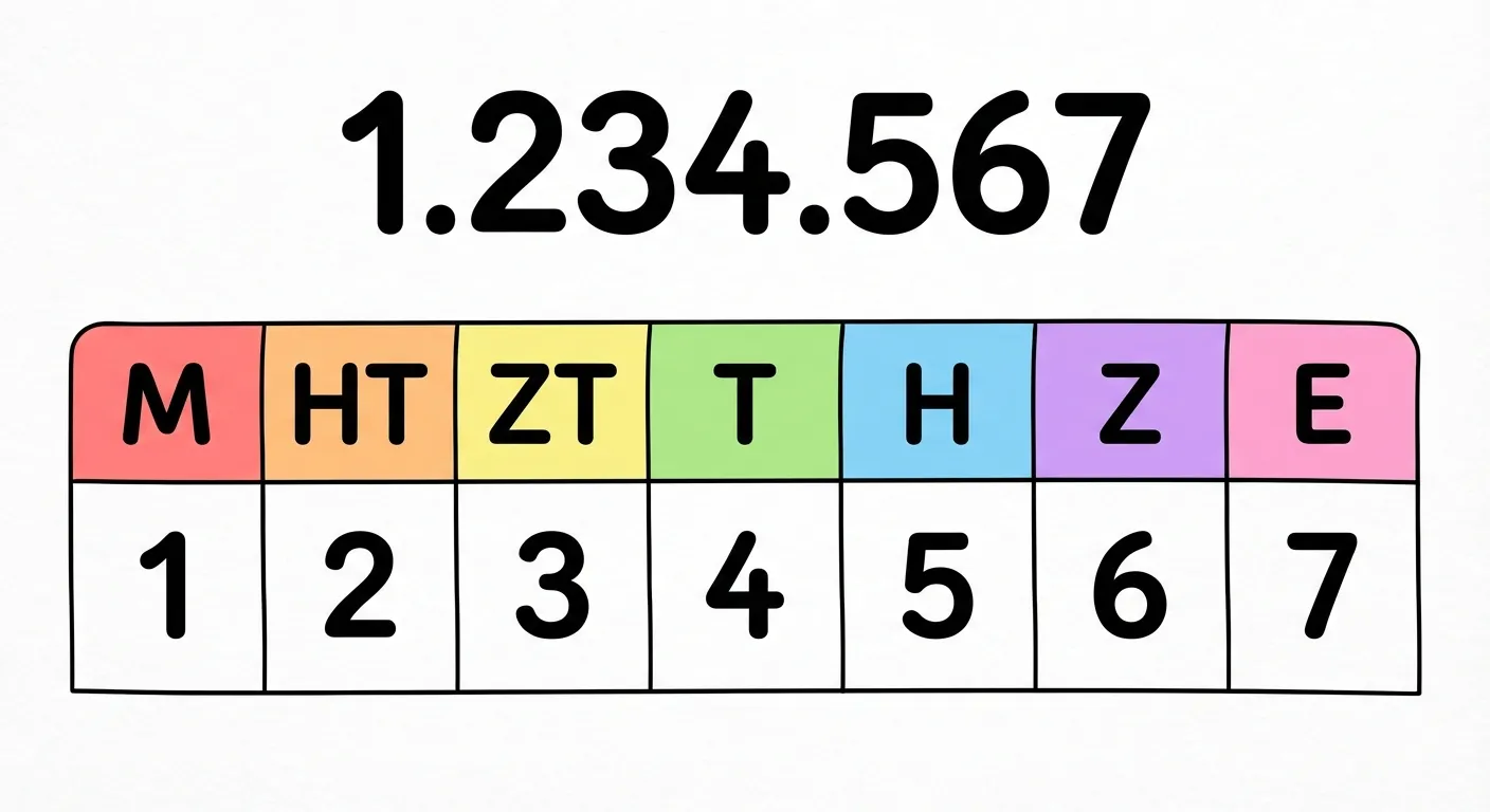 Erstelle eine übersichtliche Stellenwerttafel (place value chart) für Grundschüler.

**Aufbau:**
- Tabelle mit 7 Spalten von links nach rechts
- Spaltenüberschriften: M, HT, ZT, T, H, Z, E
- Unter den Überschriften Beispielziffern für die Zahl 1.234.567: 1, 2, 3, 4, 5, 6, 7
- Über der Tabelle die Zahl: 1.234.567

**Gestaltung:**
- Jede Spalte in anderer heller Farbe (Rot, Orange, Gelb, Grün, Blau, Lila, Rosa)
- Große, klar lesbare Zahlen und Buchstaben
- Saubere Tabellenlinien
- Übersichtlicher, kinderfreundlicher Diagrammstil für 4. Klasse
- Weißer oder heller Hintergrund