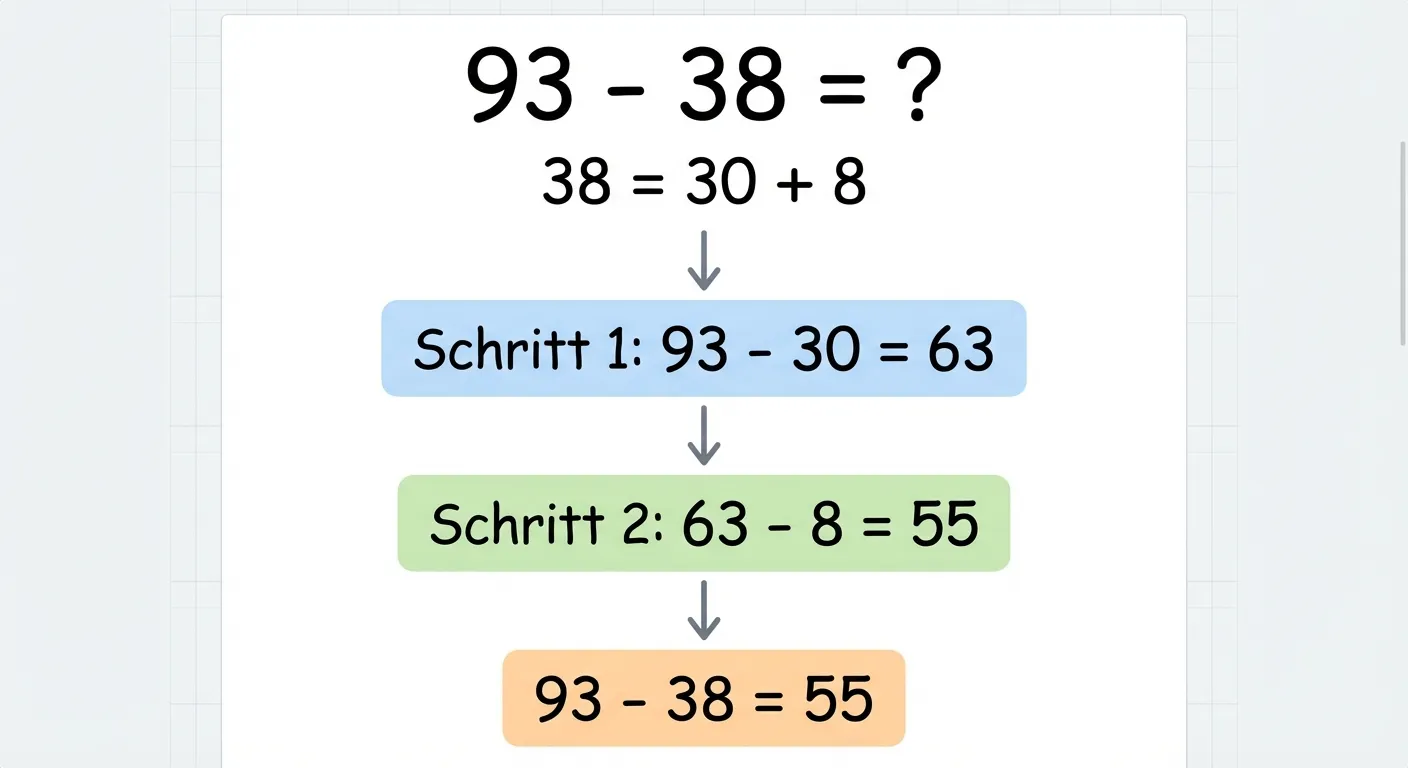 Zeige die schrittweise Subtraktion von 93 - 38 in einem übersichtlichen Diagramm.

**Aufbau:**
- Oben: Die Aufgabe 