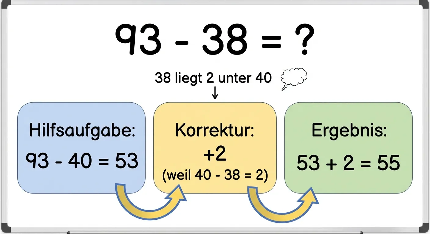 Zeige die Hilfsaufgabe-Strategie für 93 - 38 in einem übersichtlichen Diagramm.

**Aufbau:**
- Oben: Die Aufgabe 