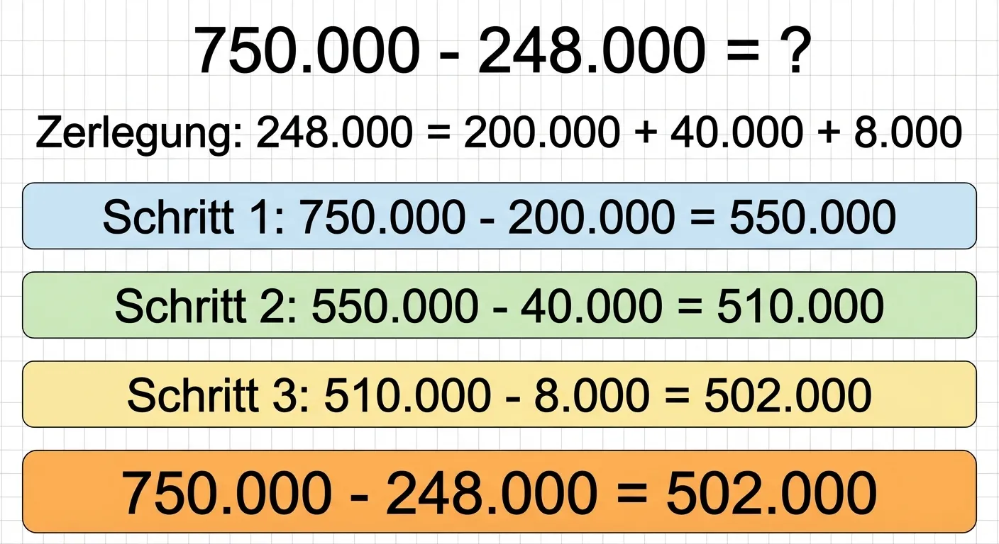 Zeige die schrittweise Subtraktion von 750.000 - 248.000 in einem übersichtlichen Diagramm.

**Aufbau:**
- Oben: Die Aufgabe 