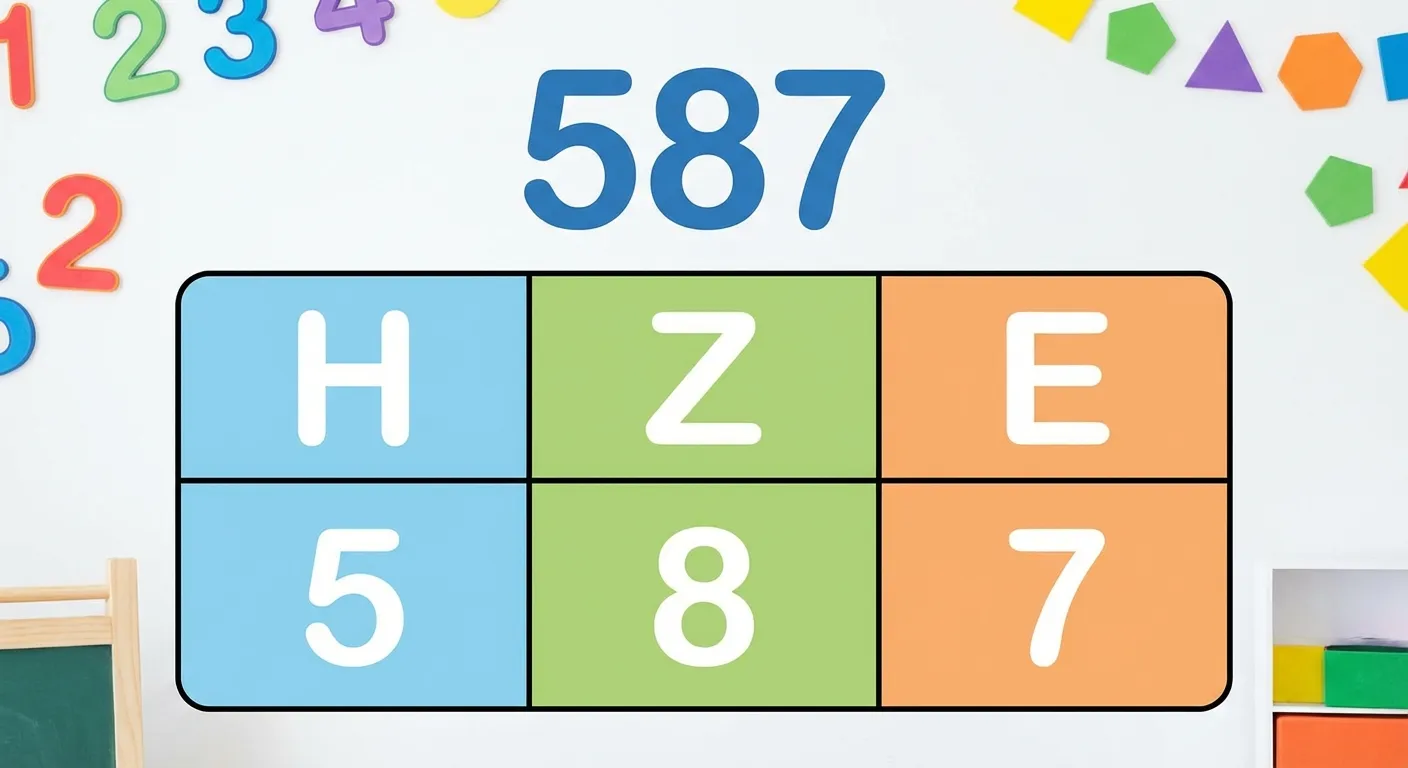 Erstelle eine übersichtliche Stellenwerttafel (place value chart) für Grundschüler.

**Aufbau:**
- Tabelle mit 3 Spalten von links nach rechts
- Spaltenüberschriften: H, Z, E
- Unter den Überschriften die Ziffern: 5, 8, 7
- Über der Tabelle die Zahl: 587

**Gestaltung:**
- Jede Spalte in anderer heller Farbe (Blau für H, Grün für Z, Orange für E)
- Große, klar lesbare Zahlen und Buchstaben
- Saubere Tabellenlinien
- Übersichtlicher, kinderfreundlicher Diagrammstil für 4. Klasse
- Weißer oder heller Hintergrund
