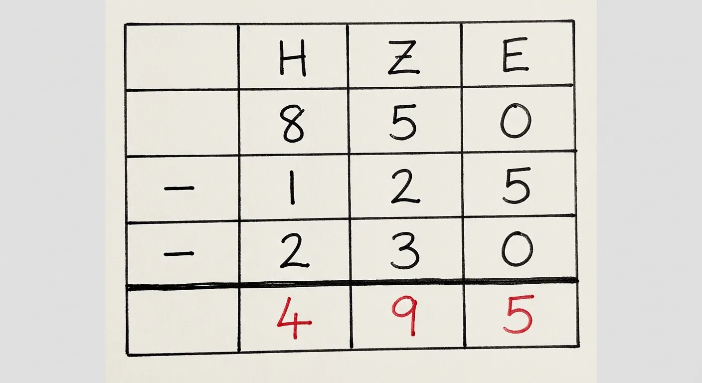 Erstelle ein fotorealistisches Bild einer handgezeichneten Rechentabelle auf weißem Papier. Das Bild ist eng auf das Rechengitter zugeschnitten - es sind nur das Gitter und die Zahlen zu sehen, keine Papierränder, keine Tischoberfläche, keine Umgebung. Der Hintergrund ist ein einfaches, helles Grau. Das Gitter füllt den Bildausschnitt. Die Handschrift ist gleichmäßig und ordentlich (wie von einem Erwachsenen geschrieben), mit schwarzer Tinte aus einem Kugelschreiber für die Aufgabe und roter Tinte für Überträge und Ergebnisse. Die Linien sind gerade, aber leicht unvollkommen und handgezeichnet (nicht mit Lineal).

Das Bild zeigt ein 5x4 Gitter (5 Zeilen, 4 Spalten). Zeile 1 (Kopfzeile): Die linke Zelle ist leer. Daneben stehen die handgeschriebenen schwarzen Buchstaben 