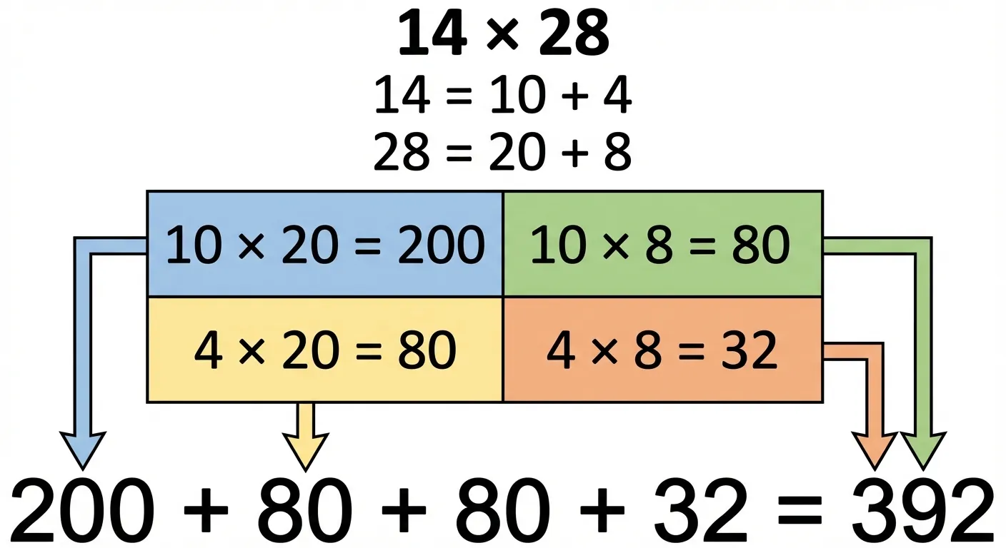 Erstelle ein übersichtliches Diagramm, das die stellenweise Multiplikation 14 × 28 zeigt.

**Aufbau:**
- Oben: Die Aufgabe „14 × 28