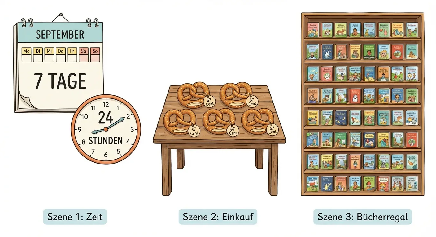 Erstelle ein freundliches Bild mit drei Alltagsszenen für Multiplikations-Sachaufgaben.

**Aufbau:**
- Drei Szenen nebeneinander oder untereinander
- Szene 1: Ein Kalender mit „7 Tage