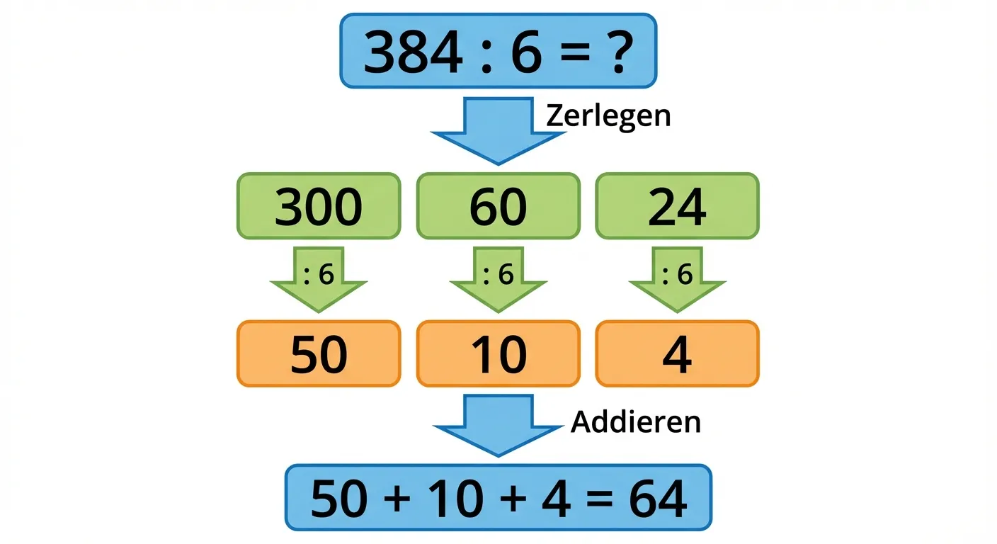 Erstelle ein übersichtliches Diagramm, das die halbschriftliche Division 384 : 6 zeigt.

**Aufbau von oben nach unten:**
- Oben: Die Aufgabe „384 : 6 = ?