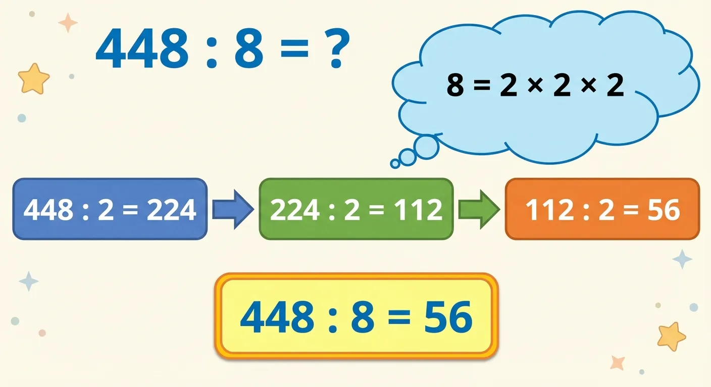 Erstelle ein übersichtliches Diagramm, das die Zerlegung des Divisors zeigt.

**Aufbau:**
- Oben: Die Aufgabe „448 : 8 = ?