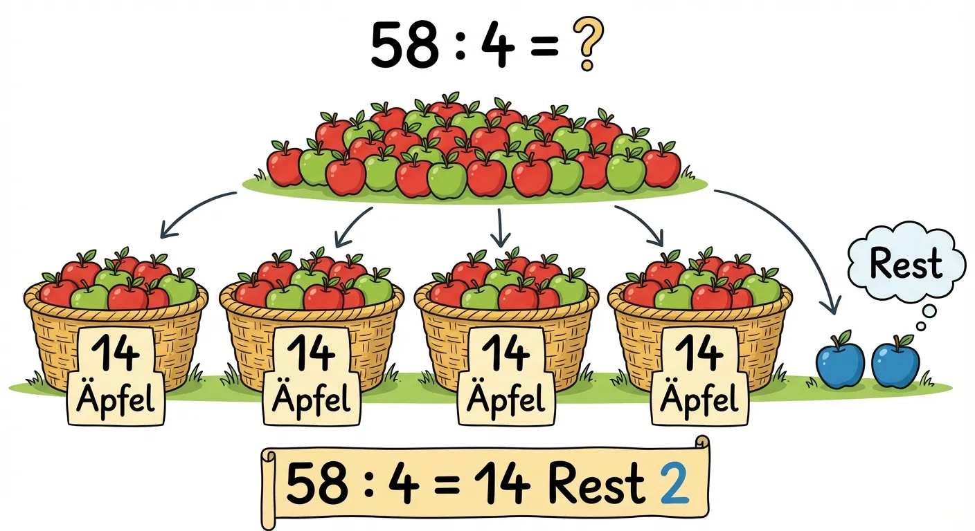 Erstelle ein übersichtliches Diagramm, das die Division mit Rest veranschaulicht.

**Aufbau:**
- Oben: Die Aufgabe „58 : 4 = ?