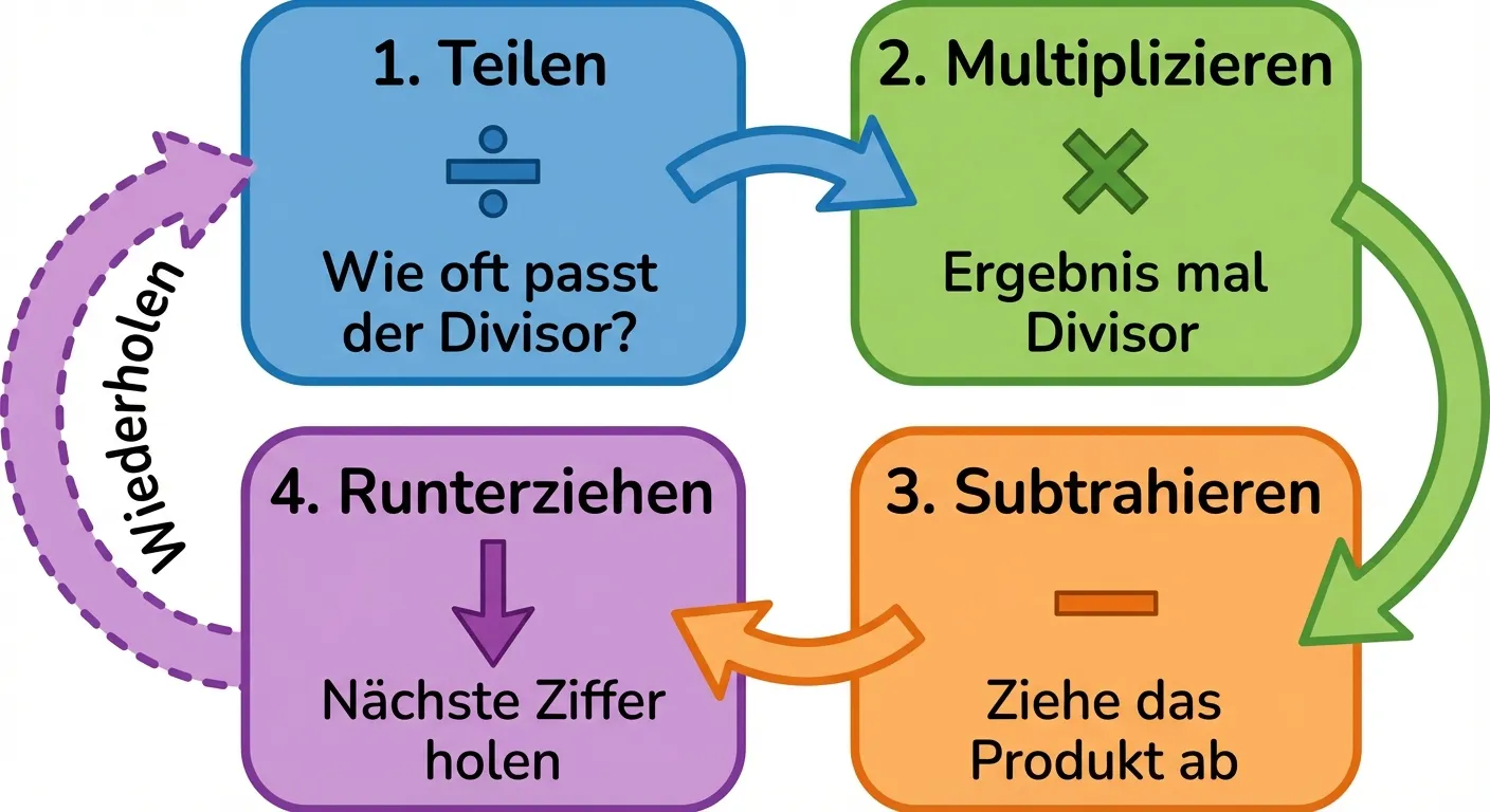 Erstelle ein übersichtliches Diagramm, das die vier Schritte der schriftlichen Division zeigt.

**Aufbau:**
- Vier nummerierte Kästen in einer Reihe (oder als Kreislauf mit Pfeilen)
- Kasten 1 (blau): „1. Teilen