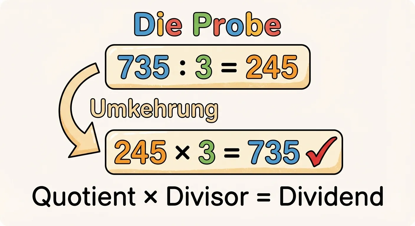 Erstelle ein übersichtliches Diagramm, das die Probe bei der Division zeigt.

**Aufbau:**
- Oben: Große Überschrift „Die Probe
