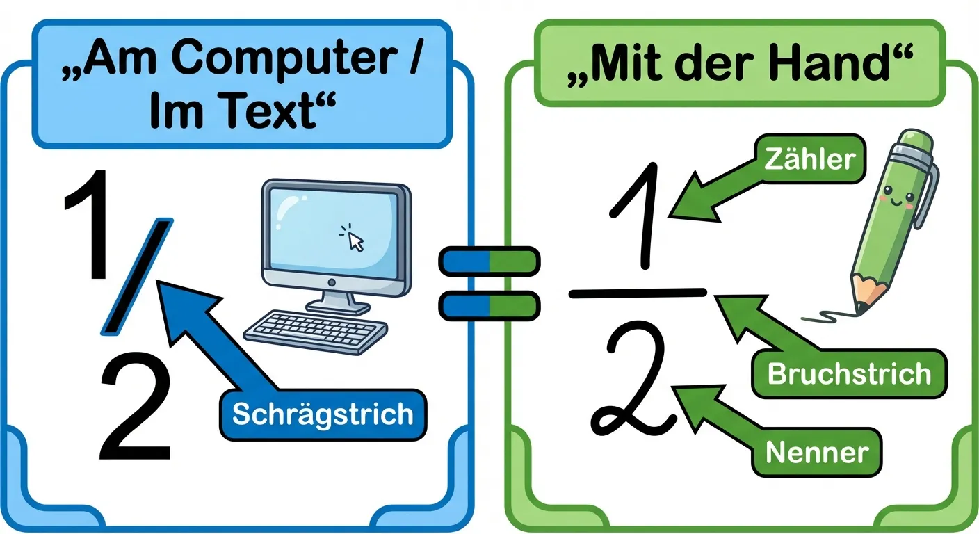 Erstelle ein übersichtliches Diagramm.

**Aufbau:**
- Das Bild ist in zwei Hälften geteilt (links und rechts)
- **Linke Seite:** Überschrift „Am Computer / Im Text