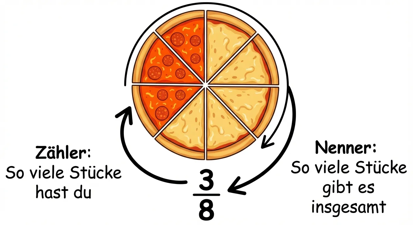 Erstelle ein anschauliches Diagramm für Grundschüler der 4. Klasse.

**Aufbau:**
- Eine runde Pizza von oben gesehen
- Die Pizza ist in genau 8 gleiche Stücke geschnitten (wie ein Kuchen)
- 3 Stücke sind in einer auffälligen Farbe (orange oder rot) markiert
- Die restlichen 5 Stücke sind in einer anderen Farbe (gelb oder beige)
- Unter der Pizza steht der Bruch: „3/8“
- Ein Pfeil zeigt von der „3“ zu den markierten Stücken mit dem Text „Zähler: So viele Stücke hast du“
- Ein Pfeil zeigt von der „8“ zur ganzen Pizza mit dem Text „Nenner: So viele Stücke gibt es insgesamt“

**Gestaltung:**
- Klare, kräftige Farben
- Cartoon-Stil, kindgerecht
- Große, gut lesbare Beschriftungen
- Weißer Hintergrund