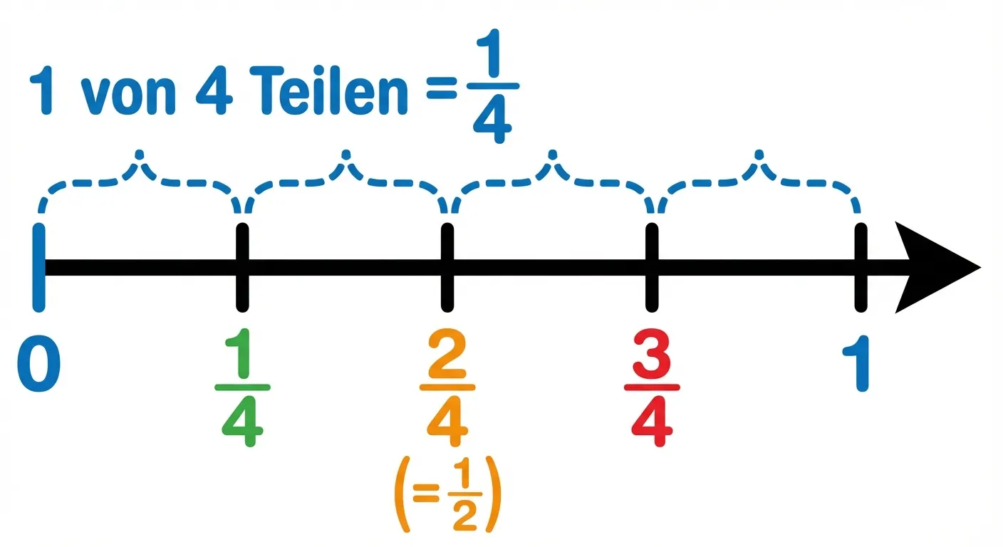 Erstelle einen übersichtlichen Zahlenstrahl für Grundschüler der 4. Klasse.

**Aufbau:**
- Waagerechter Zahlenstrahl von 0 bis 1
- Ein Pfeil am rechten Ende zeigt die Fortsetzung an
- Der Bereich zwischen 0 und 1 ist in 4 gleich große Abschnitte unterteilt
- Senkrechte Striche markieren die Positionen: 0, 1/4, 2/4, 3/4, 1
- Unter jedem Strich steht die entsprechende Zahl: 0, 1/4, 2/4, 3/4, 1
- Bei 2/4 steht zusätzlich in Klammern: (= 1/2)
- Die Abstände zwischen den Strichen sind mit geschwungenen Klammern markiert
- Über der ersten Klammer steht: „1 von 4 Teilen = 1/4“

**Gestaltung:**
- Klare, dicke Linien
- Große, gut lesbare Zahlen
- Bunte Farben für die Markierungen (blau, grün, orange, rot)
- Weißer Hintergrund
- Übersichtlicher Diagrammstil für 4. Klasse