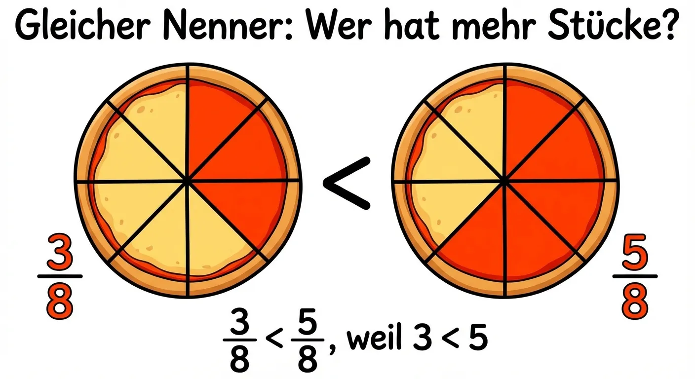 Erstelle eine anschauliche Vergleichsdarstellung für Grundschüler der 4. Klasse.

**Aufbau:**
- Zwei runde Pizzas nebeneinander, beide in 8 gleiche Stücke geteilt
- Linke Pizza: 3 Stücke sind rot/orange markiert, darunter steht „3/8“
- Rechte Pizza: 5 Stücke sind rot/orange markiert, darunter steht „5/8“
- Ein „<“ Zeichen zwischen den beiden Pizzas
- Überschrift: „Gleicher Nenner: Wer hat mehr Stücke?“
- Unter den Pizzas: „3/8 < 5/8, weil 3 < 5“

**Gestaltung:**
- Klare, kindgerechte Cartoon-Darstellung
- Kräftige Farben
- Große, gut lesbare Zahlen und Zeichen
- Weißer Hintergrund