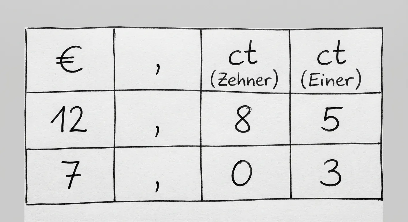 Erstelle ein fotorealistisches Bild einer handgezeichneten Stellenwerttafel auf weißem Papier. Das Bild ist eng auf die Tabelle zugeschnitten - es sind nur die Tabelle und die Zahlen zu sehen, keine Papierränder, keine Tischoberfläche, keine Umgebung. Der Hintergrund ist ein einfaches, helles Grau. Die Tabelle füllt den Bildausschnitt. Die Handschrift ist gleichmäßig und ordentlich (wie von einem Erwachsenen geschrieben), mit schwarzer Tinte aus einem Kugelschreiber. Die Linien sind gerade, aber leicht unvollkommen und handgezeichnet (nicht mit Lineal).

Das Bild zeigt eine Stellenwerttafel mit 5 Spalten. Zeile 1 (Kopfzeile): Die Spalten sind beschriftet mit „€