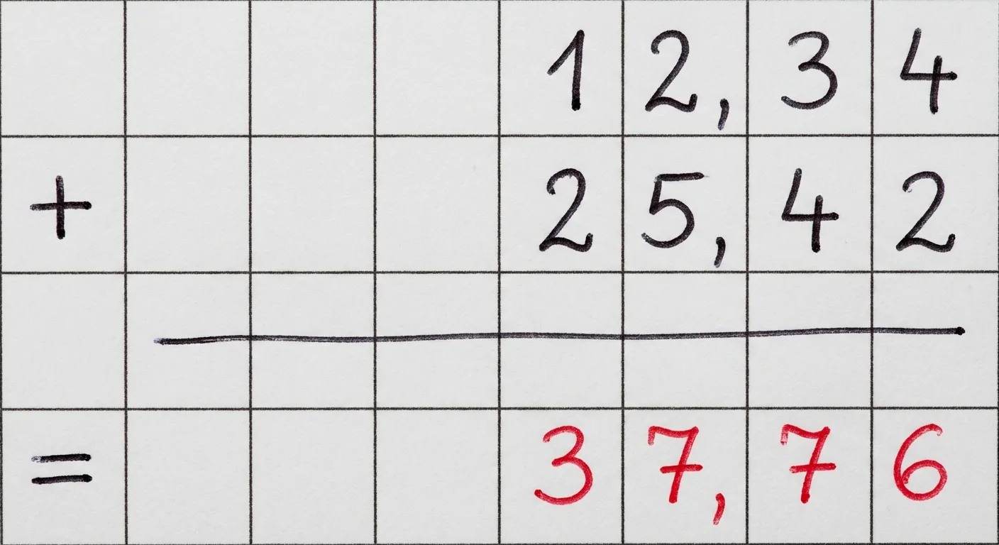 Erstelle ein fotorealistisches Bild einer handgezeichneten Rechentabelle auf weißem Papier. Das Bild ist eng auf das Rechengitter zugeschnitten - es sind nur das Gitter und die Zahlen zu sehen, keine Papierränder, keine Tischoberfläche, keine Umgebung. Der Hintergrund ist ein einfaches, helles Grau. Das Gitter füllt den Bildausschnitt. Die Handschrift ist gleichmäßig und ordentlich (wie von einem Erwachsenen geschrieben), mit schwarzer Tinte aus einem Kugelschreiber für die Aufgabe und roter Tinte für das Ergebnis. Die Linien sind gerade, aber leicht unvollkommen und handgezeichnet (nicht mit Lineal).

Das Bild zeigt eine schriftliche Addition. Zeile 1: Die Zahl „12,34