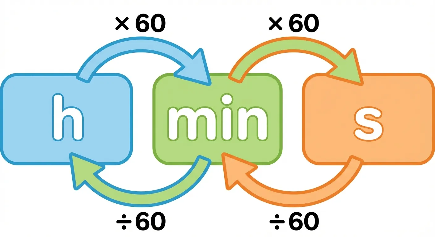 Erstelle ein übersichtliches Diagramm zur Zeitumrechnung für Grundschüler der 4. Klasse.

**Aufbau von links nach rechts:**
Drei große, farbige Rechtecke nebeneinander, verbunden durch Pfeile:
- Linkes Rechteck (blau): Großer Text „h