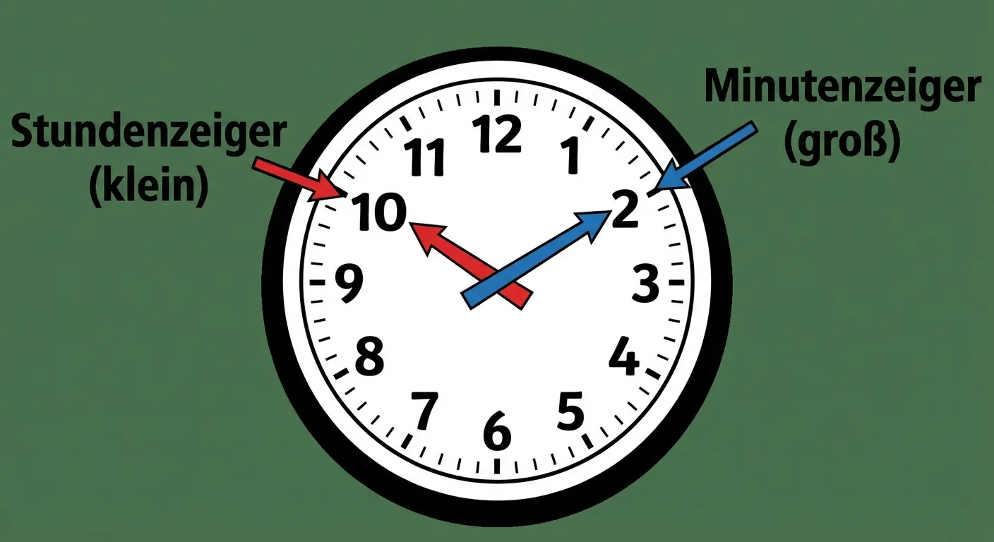 Erstelle eine übersichtliche Analoguhr für Grundschüler der 4. Klasse.

**Aufbau:**
Eine runde Uhr mit Ziffernblatt zeigt die Uhrzeit 10:10.
- Der kleine Zeiger (Stundenzeiger) zeigt auf die 10
- Der große Zeiger (Minutenzeiger) zeigt auf die 2 (= 10 Minuten)

**Beschriftungen:**
- Ein Pfeil zeigt auf den kleinen Zeiger mit dem Text: „Stundenzeiger (klein)