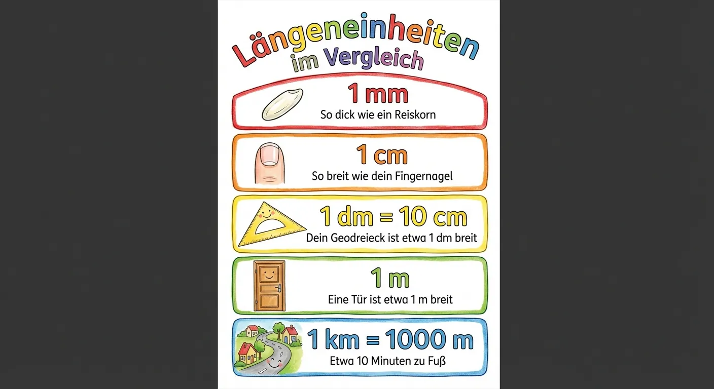Erstelle ein buntes, kinderfreundliches Poster im Illustrationsstil, das die fünf Längeneinheiten zeigt.

**Aufbau von oben nach unten:**

1. **Überschrift:** „Längeneinheiten im Vergleich