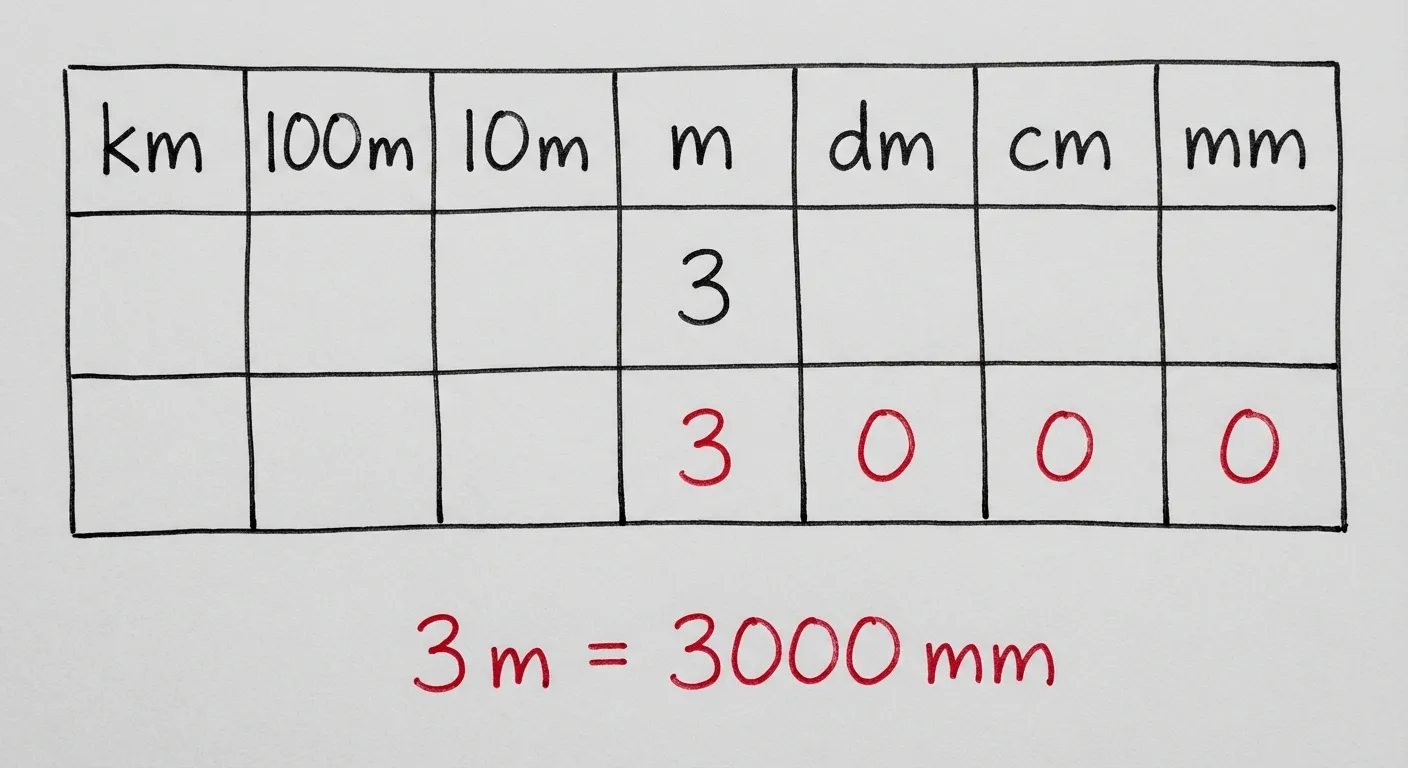 Erstelle ein fotorealistisches Bild einer handgezeichneten Stellenwerttafel auf weißem Papier. Das Bild ist eng auf das Rechengitter zugeschnitten - es sind nur das Gitter und die Zahlen zu sehen, keine Papierränder, keine Tischoberfläche, keine Umgebung. Der Hintergrund ist ein einfaches, helles Grau. Das Gitter füllt den Bildausschnitt. Die Handschrift ist gleichmäßig und ordentlich (wie von einem Erwachsenen geschrieben), mit schwarzer Tinte aus einem Kugelschreiber für die Tabelle und roter Tinte für die Erklärungen. Die Linien sind gerade, aber leicht unvollkommen und handgezeichnet (nicht mit Lineal).

Das Bild zeigt eine Stellenwerttafel mit 7 Spalten.

**Zeile 1 (Kopfzeile):** Die Spaltenüberschriften von links nach rechts: „km
