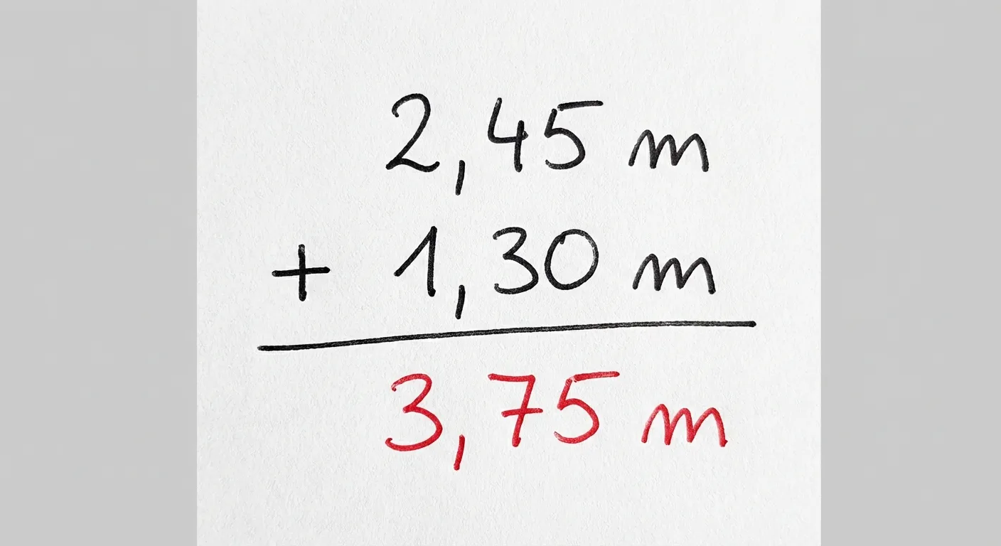 Erstelle ein fotorealistisches Bild einer handgezeichneten Rechentabelle auf weißem Papier. Das Bild ist eng auf das Rechengitter zugeschnitten - es sind nur das Gitter und die Zahlen zu sehen, keine Papierränder, keine Tischoberfläche, keine Umgebung. Der Hintergrund ist ein einfaches, helles Grau. Das Gitter füllt den Bildausschnitt. Die Handschrift ist gleichmäßig und ordentlich (wie von einem Erwachsenen geschrieben), mit schwarzer Tinte aus einem Kugelschreiber für die Aufgabe und roter Tinte für das Ergebnis. Die Linien sind gerade, aber leicht unvollkommen und handgezeichnet (nicht mit Lineal).

Das Bild zeigt eine schriftliche Addition.

**Aufbau von oben nach unten:**

Zeile 1: Rechtsbündig die Zahl „2,45 m
