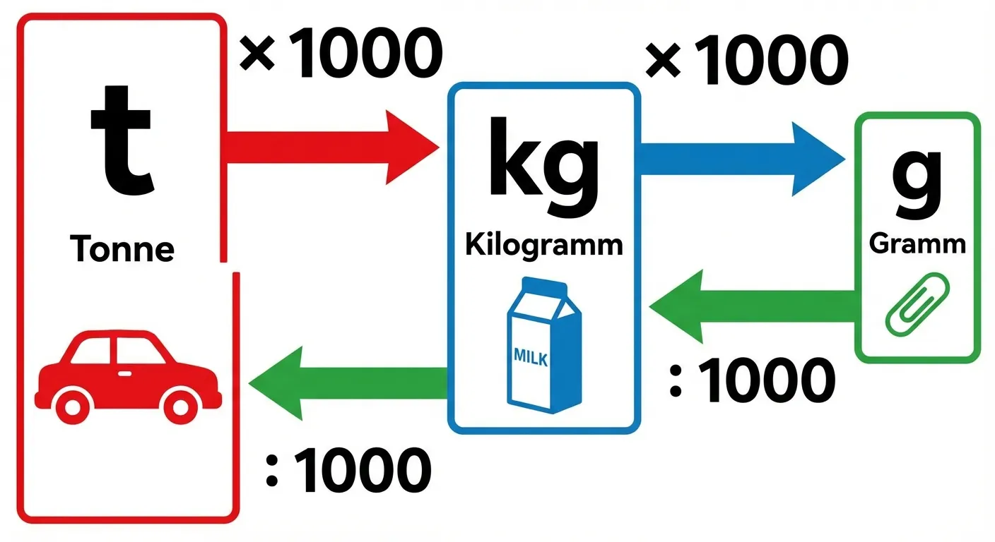 Erstelle ein übersichtliches Diagramm für Masseneinheiten.

**Aufbau von links nach rechts:**
- Links: Eine große Box mit 