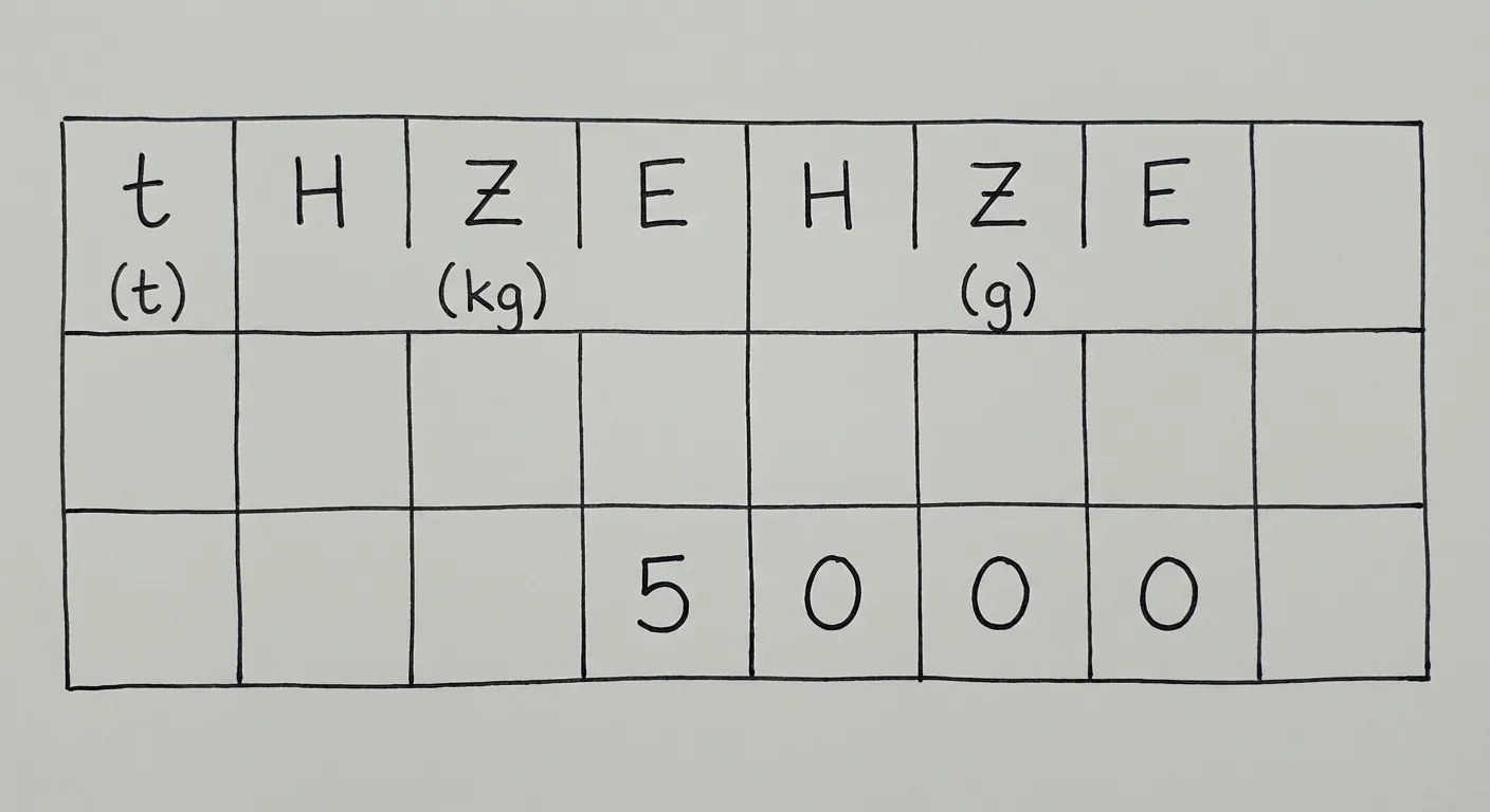 Erstelle ein fotorealistisches Bild einer handgezeichneten Stellenwerttafel auf weißem Papier. Das Bild ist eng auf das Gitter zugeschnitten - es sind nur das Gitter und die Zahlen zu sehen, keine Papierränder, keine Tischoberfläche, keine Umgebung. Der Hintergrund ist ein einfaches, helles Grau. Das Gitter füllt den Bildausschnitt. Die Handschrift ist gleichmäßig und ordentlich (wie von einem Erwachsenen geschrieben), mit schwarzer Tinte aus einem Kugelschreiber. Die Linien sind gerade, aber leicht unvollkommen und handgezeichnet (nicht mit Lineal).

Das Bild zeigt ein 3x8 Gitter (3 Zeilen, 8 Spalten). Zeile 1 (Kopfzeile): Die Spalten von links nach rechts zeigen die handgeschriebenen Buchstaben 