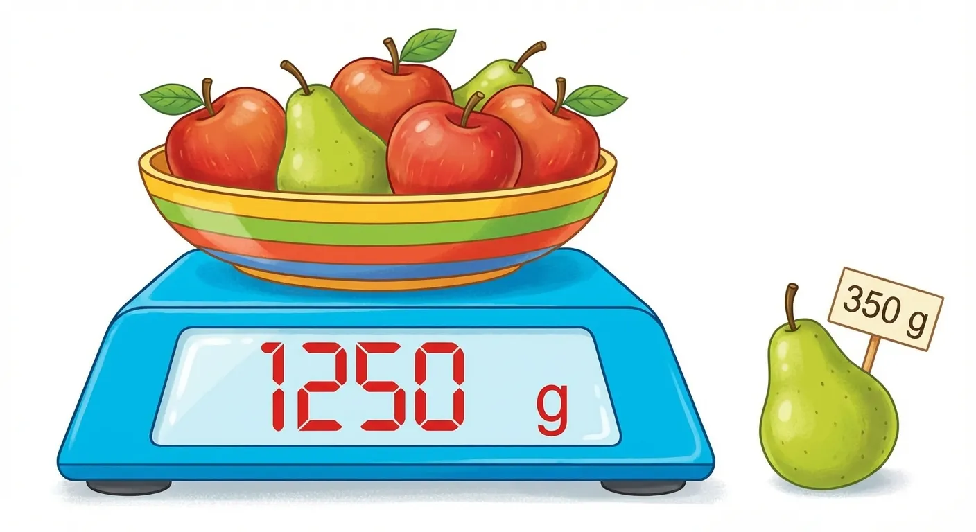 Erstelle ein farbenfrohes, kinderfreundliches Bild einer Küchenwaage.

**Aufbau:**
- Eine moderne digitale Küchenwaage in der Bildmitte
- Auf der Waage liegt eine Schale mit 3 Äpfeln und 2 Birnen
- Die Anzeige der Waage zeigt deutlich 