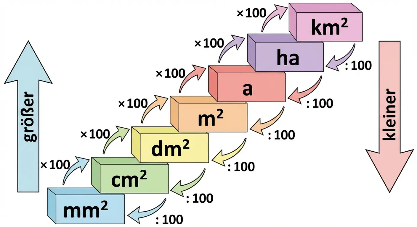 Erstelle ein übersichtliches Diagramm einer Treppe mit Flächeneinheiten.

**Aufbau:**
- Eine Treppe mit 7 Stufen von unten nach oben
- Stufe 1 (unten): 