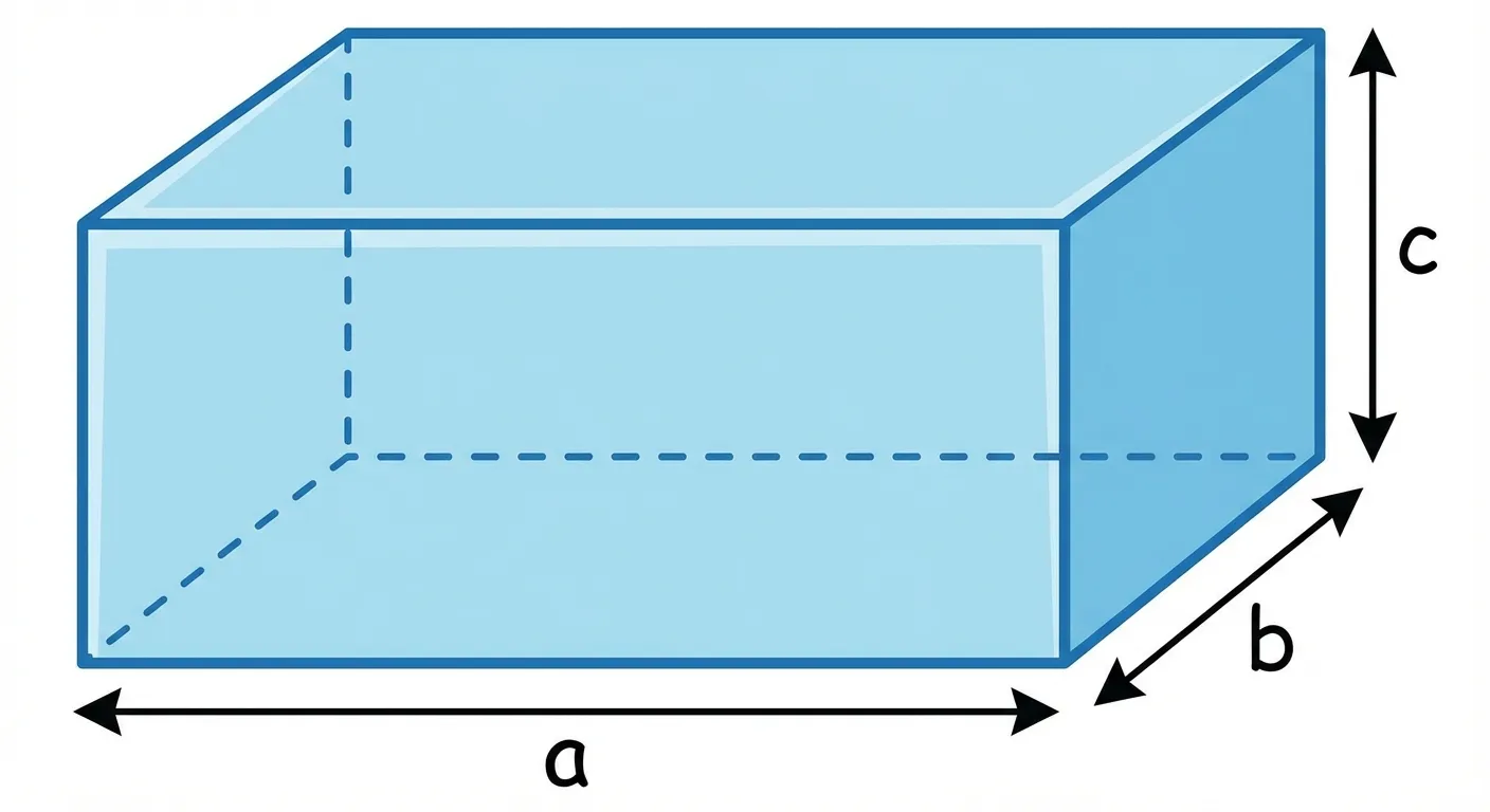 Erstelle ein übersichtliches Diagramm eines Quaders.

**Aufbau:**
- Ein dreidimensionaler Quader in leichter Schrägansicht
- Die drei Seiten sind beschriftet: 