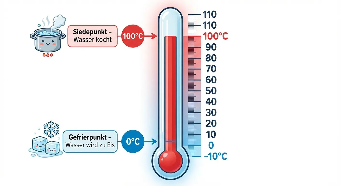 Erstelle eine übersichtliche Illustration einer Thermometerskala.

**Aufbau:**
- Ein großes, vertikales Thermometer in der Mitte des Bildes
- Skala von -10 °C bis 110 °C mit Beschriftung alle 10 Grad
- Zwei besonders hervorgehobene Punkte:
  - Bei 0 °C: Blaue Markierung mit Beschriftung „Gefrierpunkt - Wasser wird zu Eis