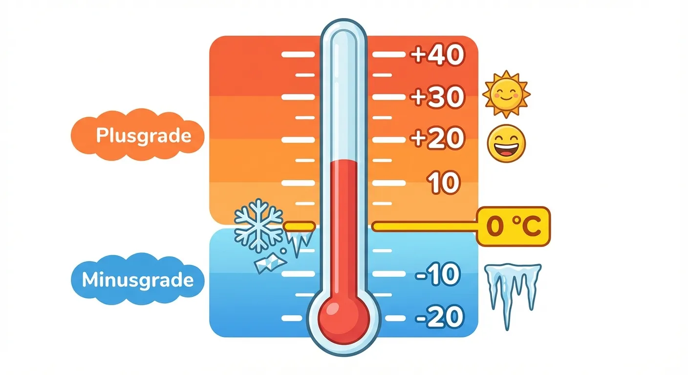 Erstelle eine übersichtliche Illustration eines Thermometers mit Plus- und Minusgraden.

**Aufbau:**
- Ein großes, vertikales Thermometer in der Mitte
- Skala von -20 °C bis +40 °C mit klaren Beschriftungen alle 10 Grad
- Die 0 °C-Marke ist besonders hervorgehoben (dickere Linie, andere Farbe)
- Oberhalb von 0 °C: Bereich in warmen Farben (Orange/Rot) mit Label „Plusgrade