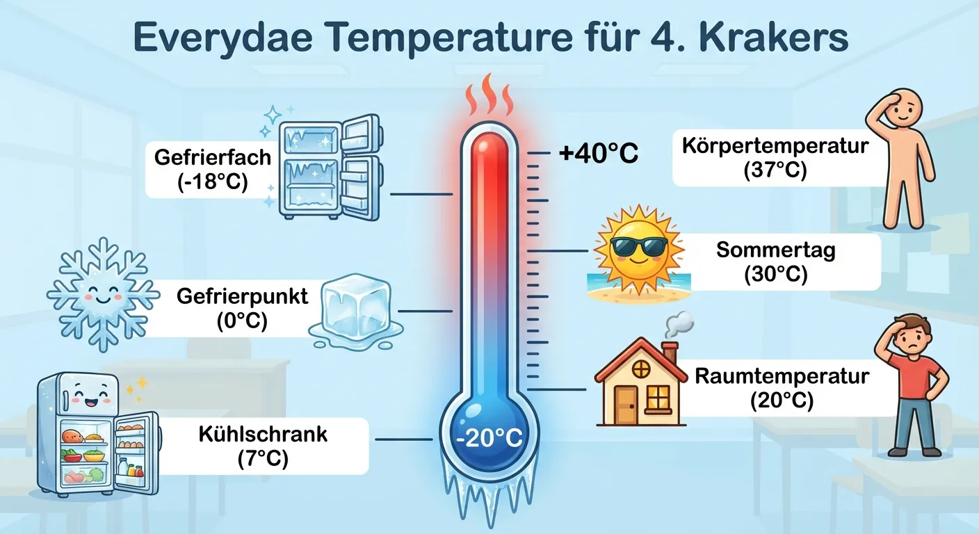 Erstelle eine anschauliche Übersicht verschiedener Alltagstemperaturen.

**Aufbau:**
- Ein großes vertikales Thermometer in der Mitte als Referenz
- Skala von -20 °C bis +40 °C (Alltagsbereich)
- Links und rechts vom Thermometer kleine Illustrationen mit Temperaturangaben:
  - Bei -18 °C: Gefrierfach-Symbol mit Eiskristallen
  - Bei 0 °C: Schneeflocke und Eis
  - Bei 7 °C: Kühlschrank-Symbol
  - Bei 20 °C: Haus/Zimmer-Symbol mit „Raumtemperatur